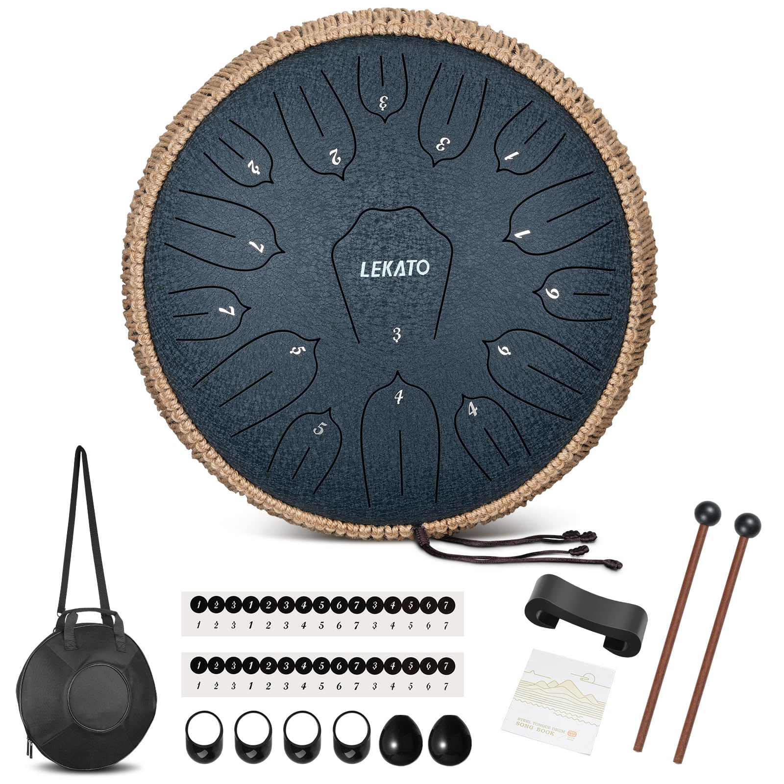 LEKATO Steel Tongue Drum à 15 Notes 14 Pouces, C Key Tambour de Langue Handpan Instrument de Percussion pour Education Méditation de Guérison, Cadeau pour Débutant(Bleu Marine)