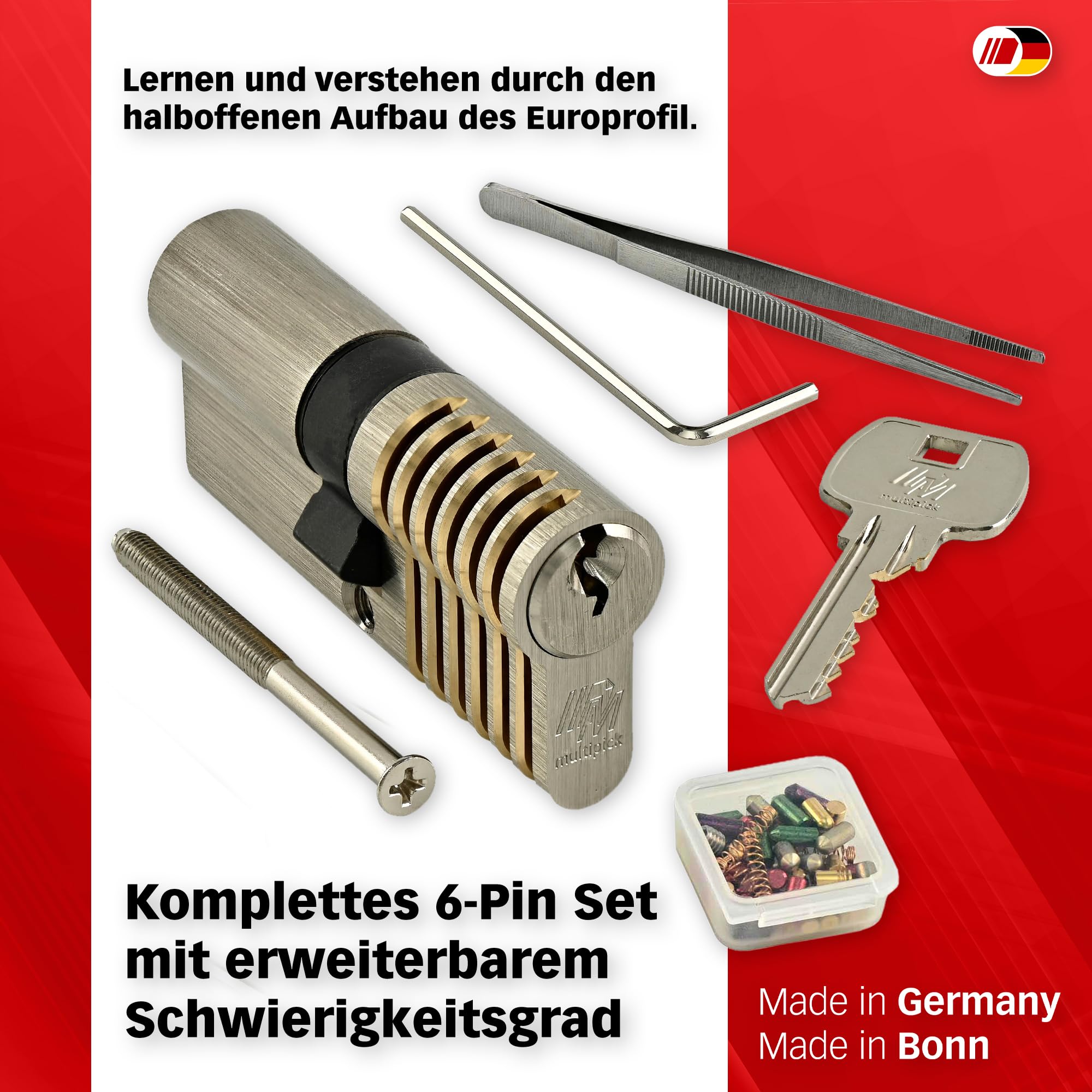 MULTIPICK Trainingszylinder Lockpicking Set - [inkl. 50-tlg. Pinning-Kit] Lock Picking Tool - variables 6-Stift EU Übungsschloss - Schloss knacken - Trainingsschloss für Anfänger und Profis