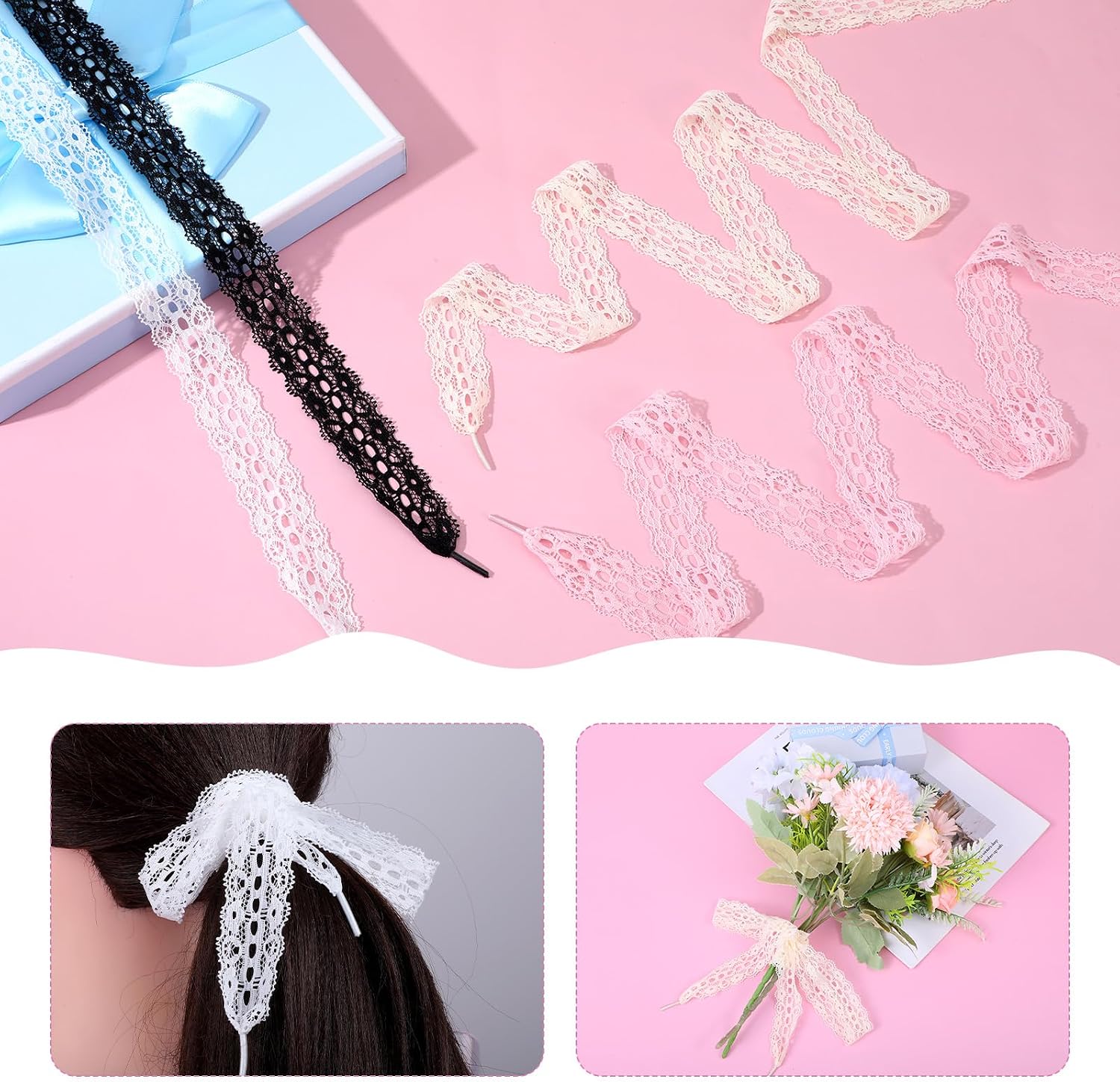 6 Pairs Lace Fancy Shoelaces 3CM Wide Flat Soft Lace Shoe Strings Sneakers Hollow Lacy Ribbon Laces for Women Girls