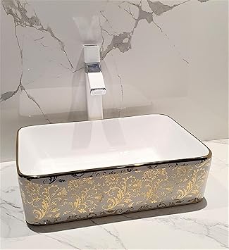 B BACKLINE Ceramic Designer Table Top/over Counter/Vessel Sink Wash Basin for Bathroom (48 x 37 x 13 cm, Gold White Glossy)