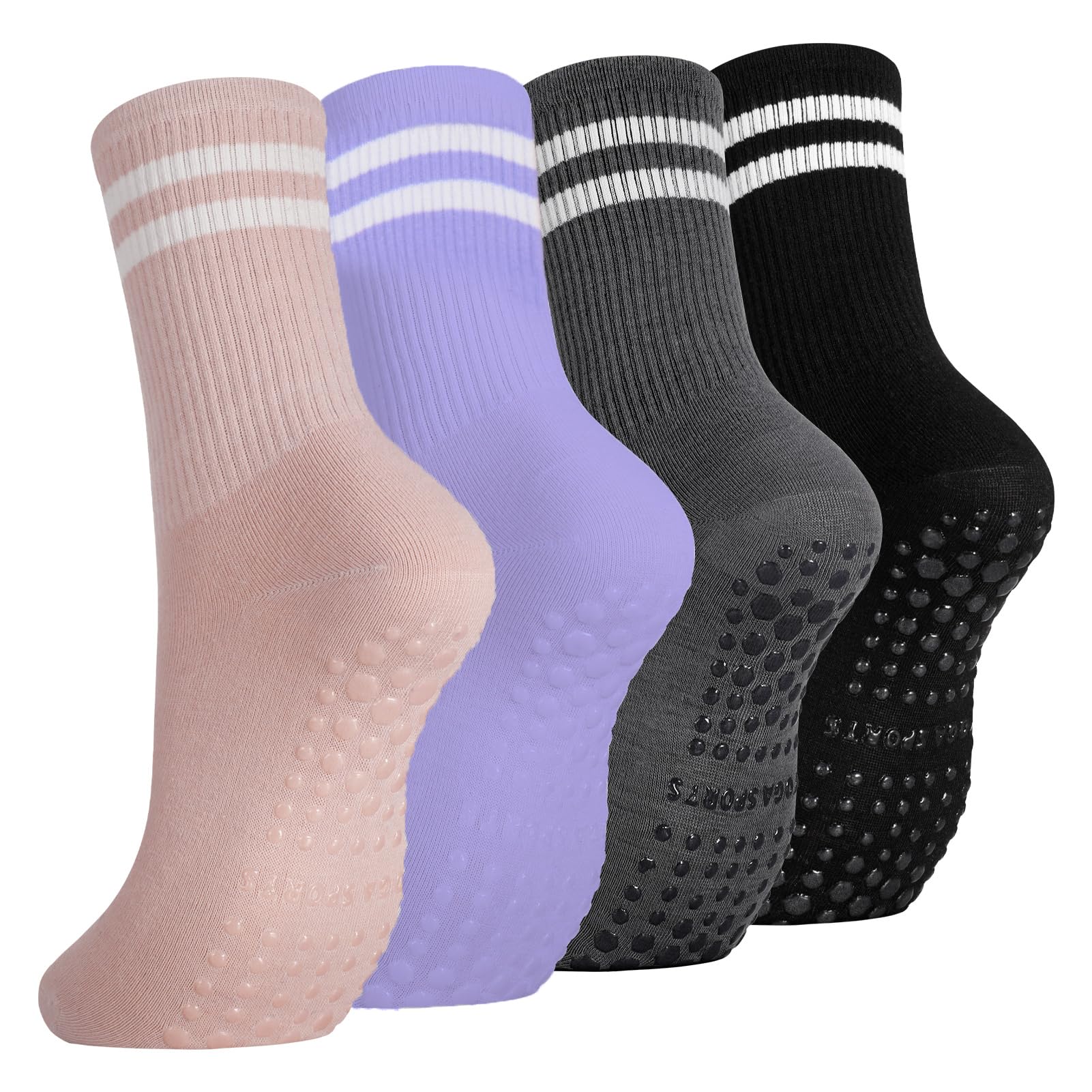Moliwulong Women's Black, Gray, Pink, Purple 4 Pairs Yoga Grip Socks, Non Slip Pilates Sock Grippy Socks Falls Prevention Grip Breathable Cotton Sock For Ballet, Dance, Workout, Fitness, Running