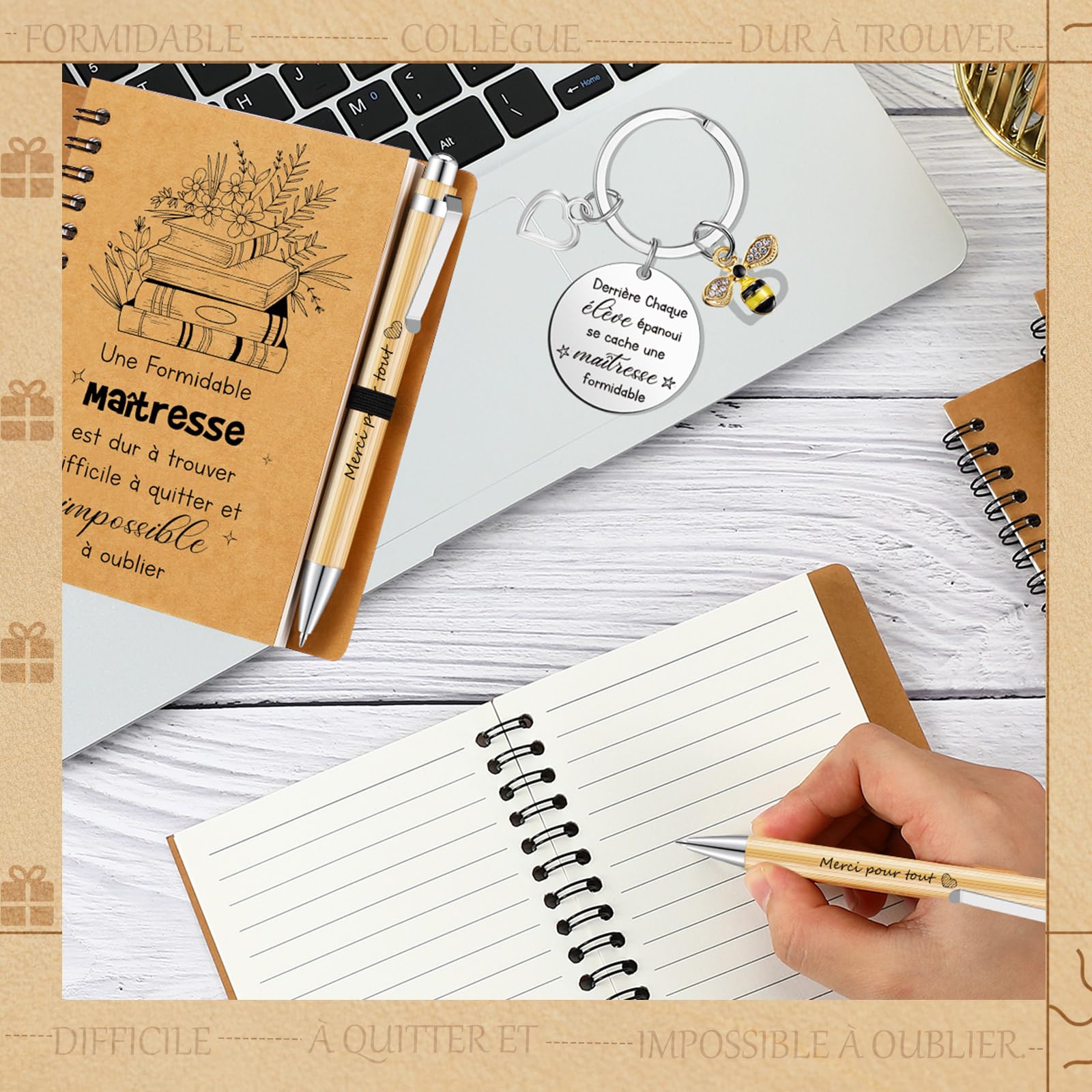 Sinmoe 3 Pièces Cadeau pour Maitresse Institutrice d'École 1 Carnet à Spirale 1 Porte Clés 1 Stylo à Bille Cadeau Merci de m'Avoir Aidé à Grandir pour ATSEM AESH Fin d'Année(Fleurs et Sinmoe 3 Pièces Cadeau pour Maitresse Institutrice d'École 1 Carnet à Spirale 1 Porte Clés 1 Stylo à Bille Cadeau Merci de m'Avoir Aidé à Grandir pour ATSEM AESH Fin d'Année(Fleurs et