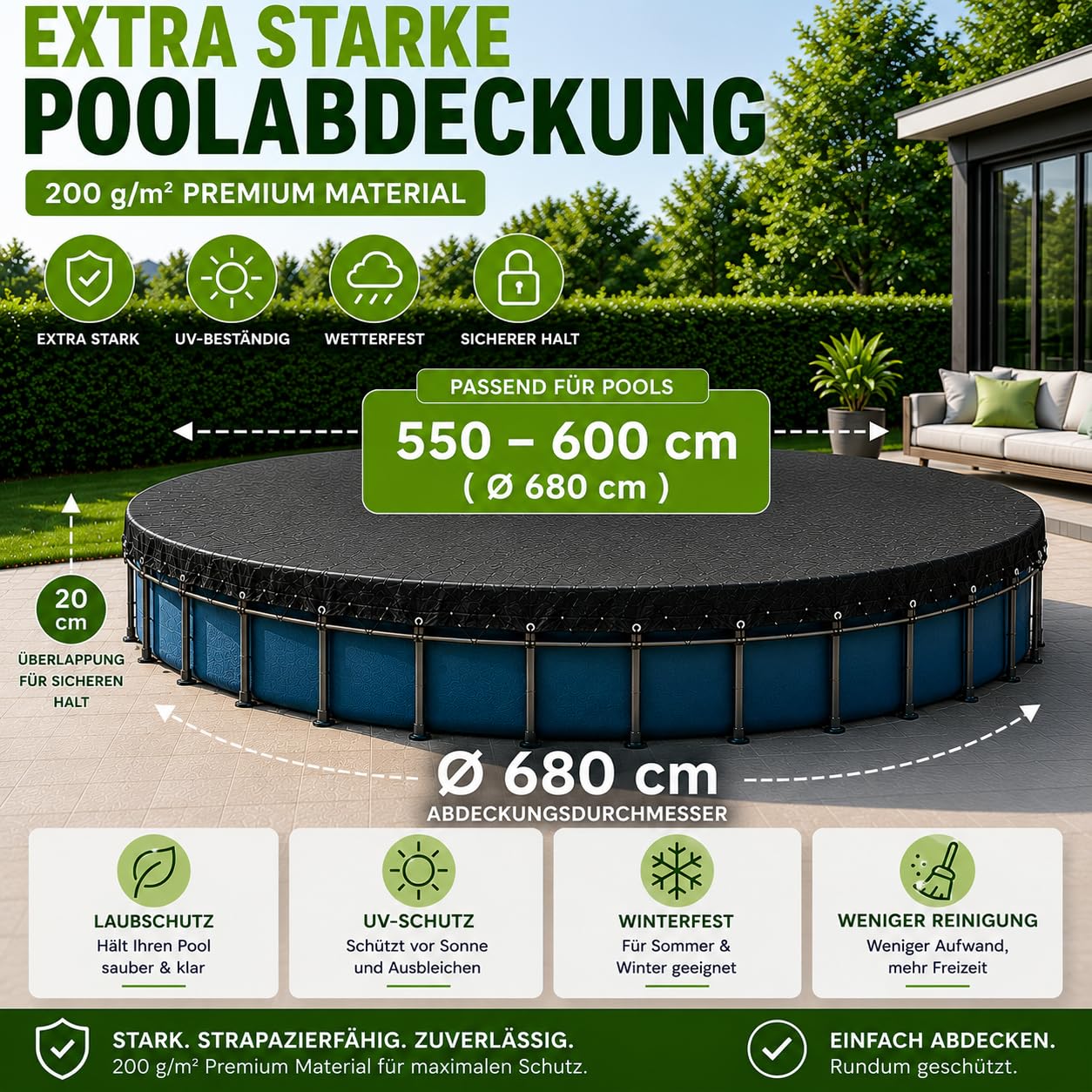 Cubierta de piscina redonda – Lona extra fuerte de 200 g/m² – Cubierta solar resistente a los rayos UV para verano e invierno – Lona de piscina resistente en color negro (550-600 cm de diámetro 680 cm