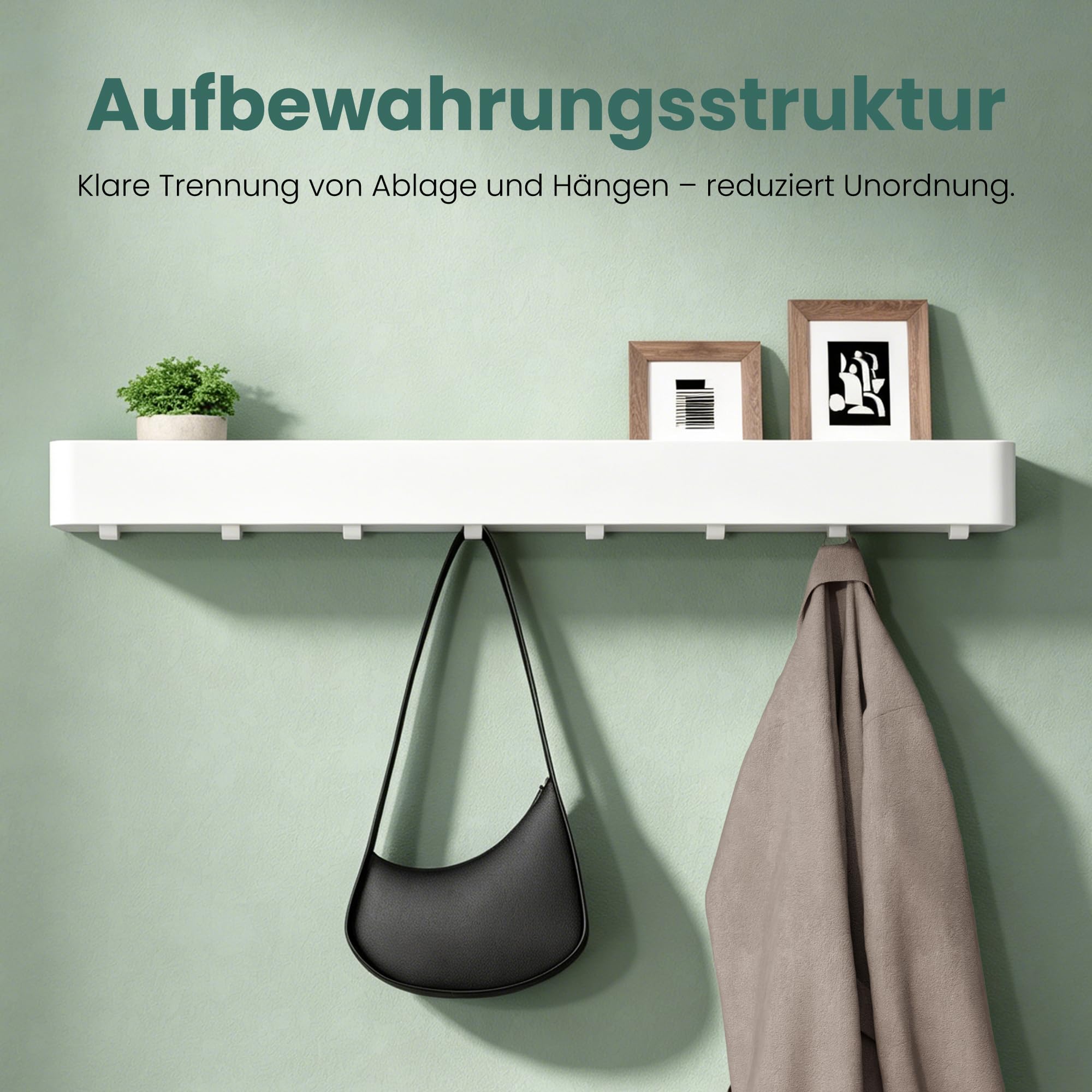 Mai & Mai Wandgarderobe mit Ablage und 6 Haken, Garderobenleiste 60 cm zur Wandmontage, Kleiderhaken für Flur, Badezimmer oder Küche, multifunktionale Garderobe, Sandweiß Reglo-05
