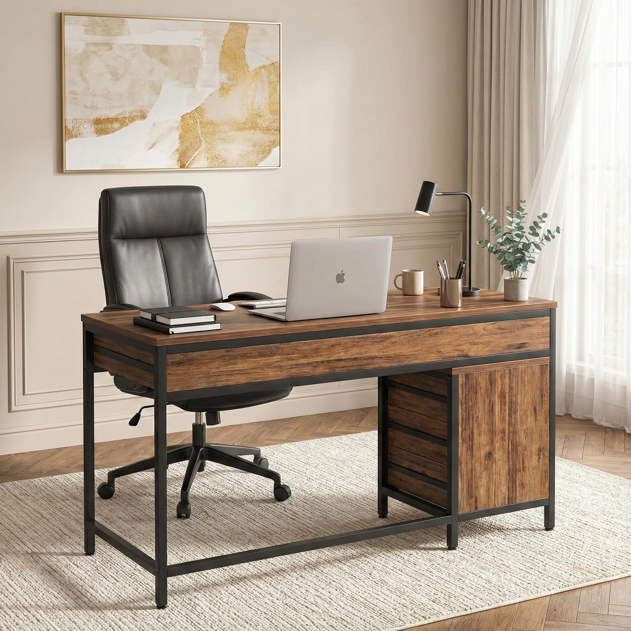 Lailang 130cm Scrivania Computer, Tavolo Con Cassetti, Scrittoio Vintage, Scrivania Per PC E Stampante, 130 x 45 x 82 cm, Marrone Rustico