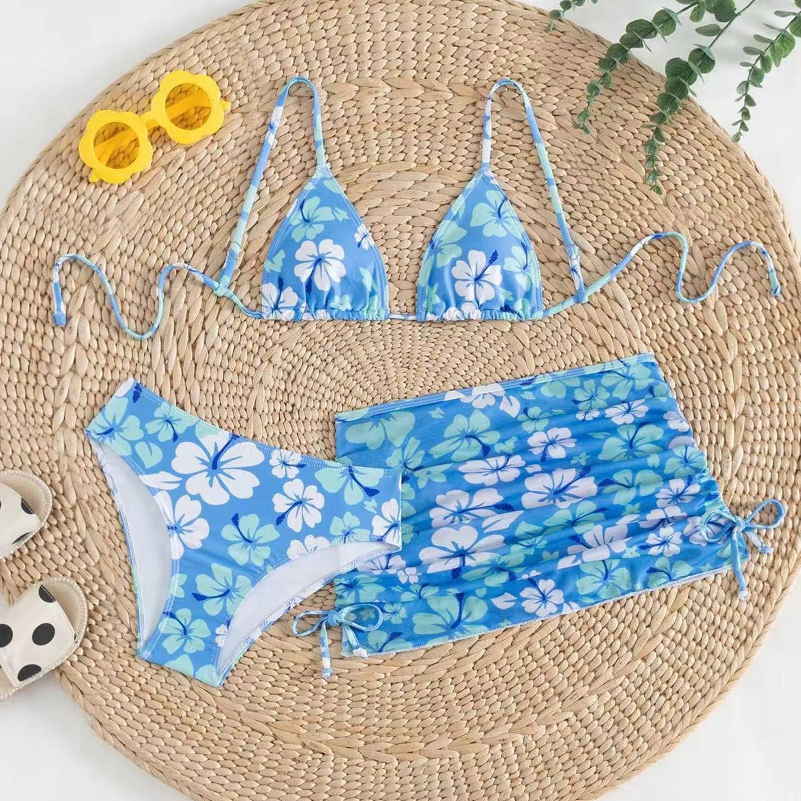 Conjunto de Bikini Niña 3 Piezas 7-14 Años Traje de Baño Niña Adolescente Natacion Bañador Piscina Trikini Tankini Deportivo Triangular y Bragas con Falda Flores Playa Vacaciones Verano