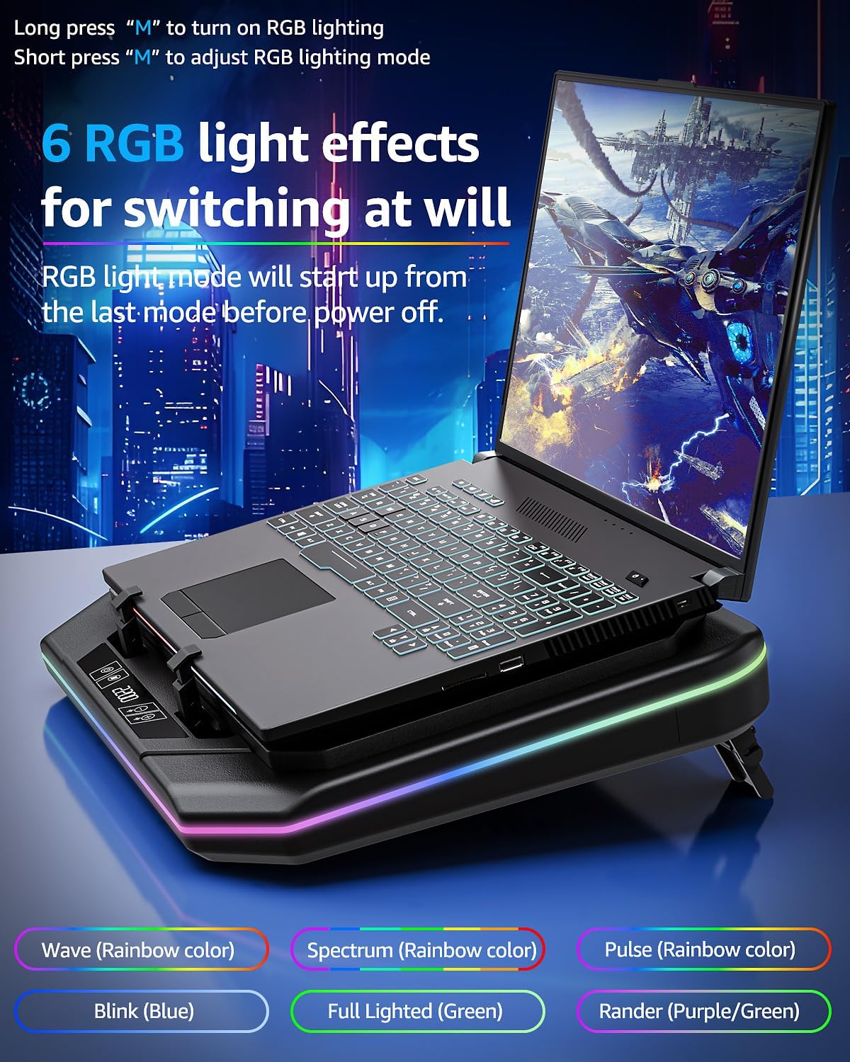 Gaming Laptop Cooling Pad, Height Adjustable Laptop Fan Cooling Pad for Max 19 Inches Notebook, RGB Laptop Cooler Stand with Powerful Turbofan (3500 RPM), Touch Control