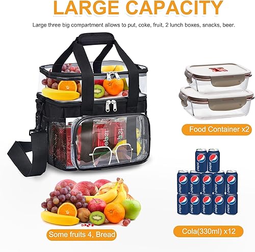 Miniatura 6 de Bolsa de almuerzo transparente de doble cubierta para el trabajo, bolsa de almuerzo transparente con correa ajustable para el hombro y compartimento