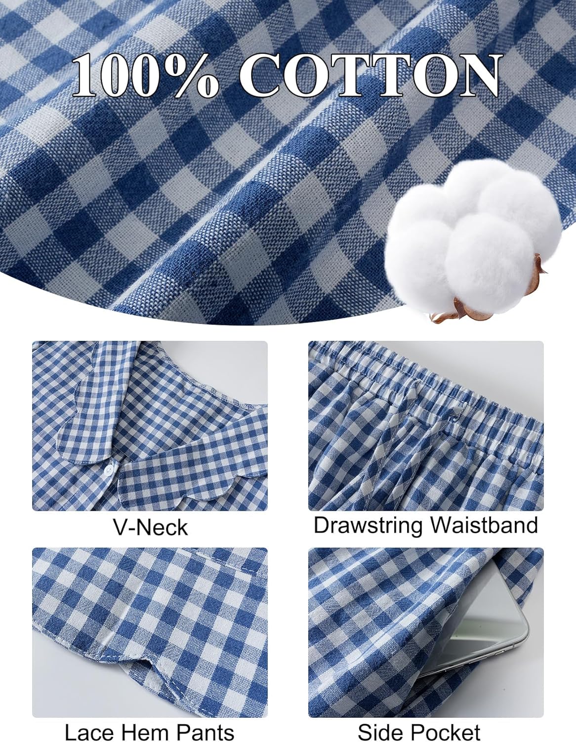 Kissonic Womens Gingham Pajama Set Cute Cotton Ruffle Pajamas Cozy Plaid Y2K Pjs Babydoll Sleepwear - Image 6