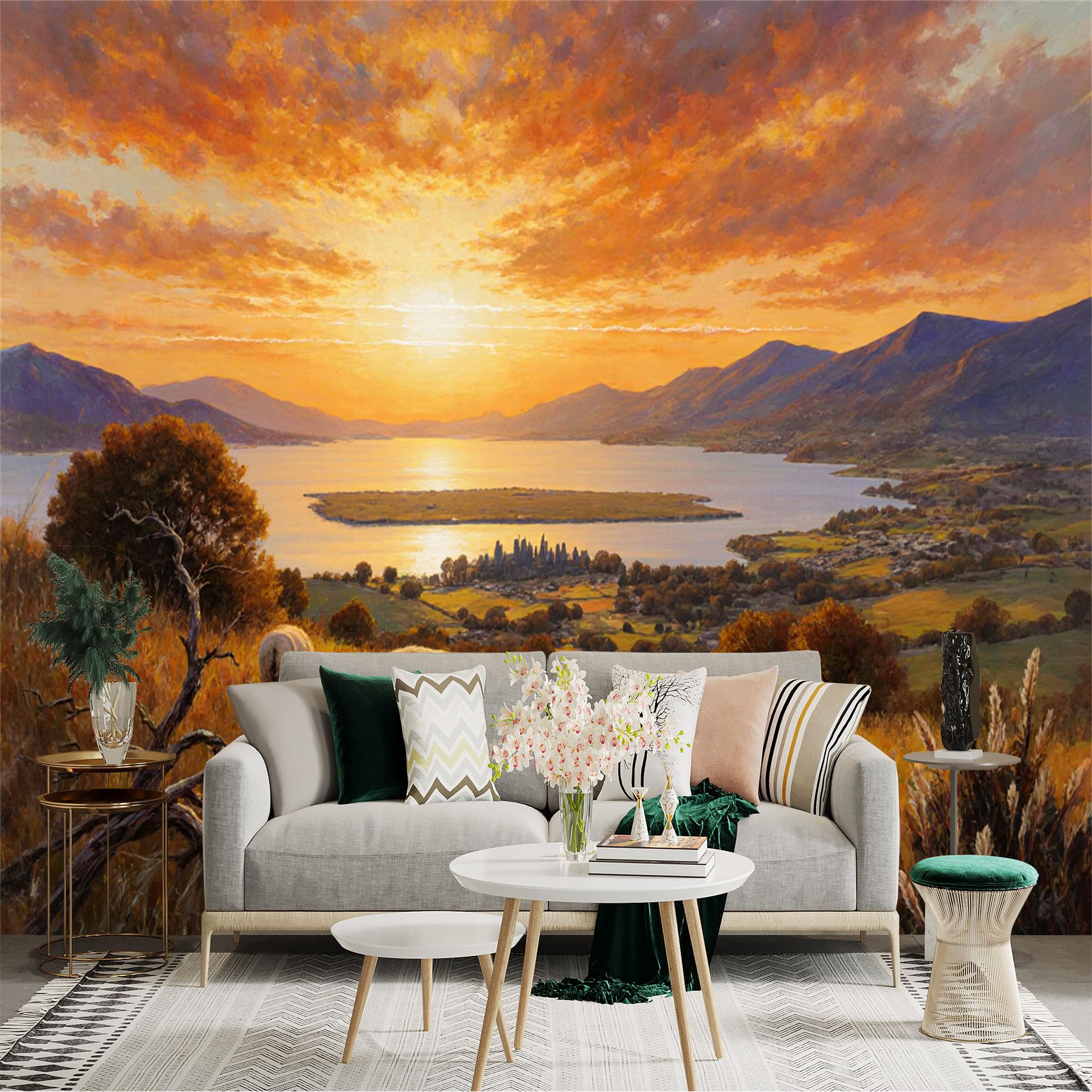 Lnzczhyre Xc260505201 Custom Size Wall Sticker Mural， Grazing Sheep On Meadow， Golden Sunset Over Lake， Scenic Pastoral Landscape， Rustic Countryside View， For Wall Decoration， Peelandstick Wall Decals.