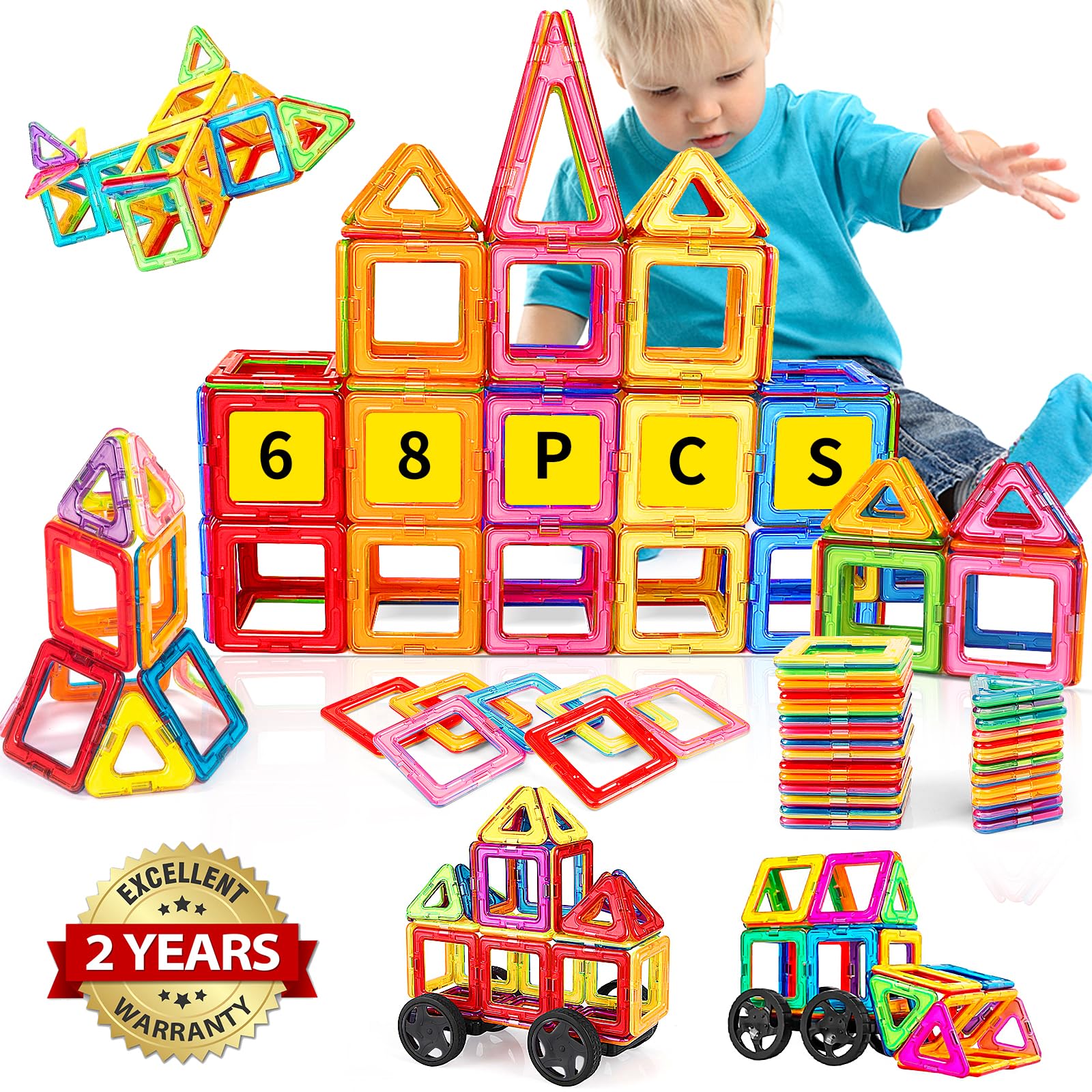 GLADTOP Costruzioni Magnetiche per Bambini 68 Pezzi, Giochi Bambini Bambina Bimbo 2 3 4 5 6 anni Magneti Bambini Giocattoli Costruzioni per Bambini Giochi Educativi Mattoncini Magnetici