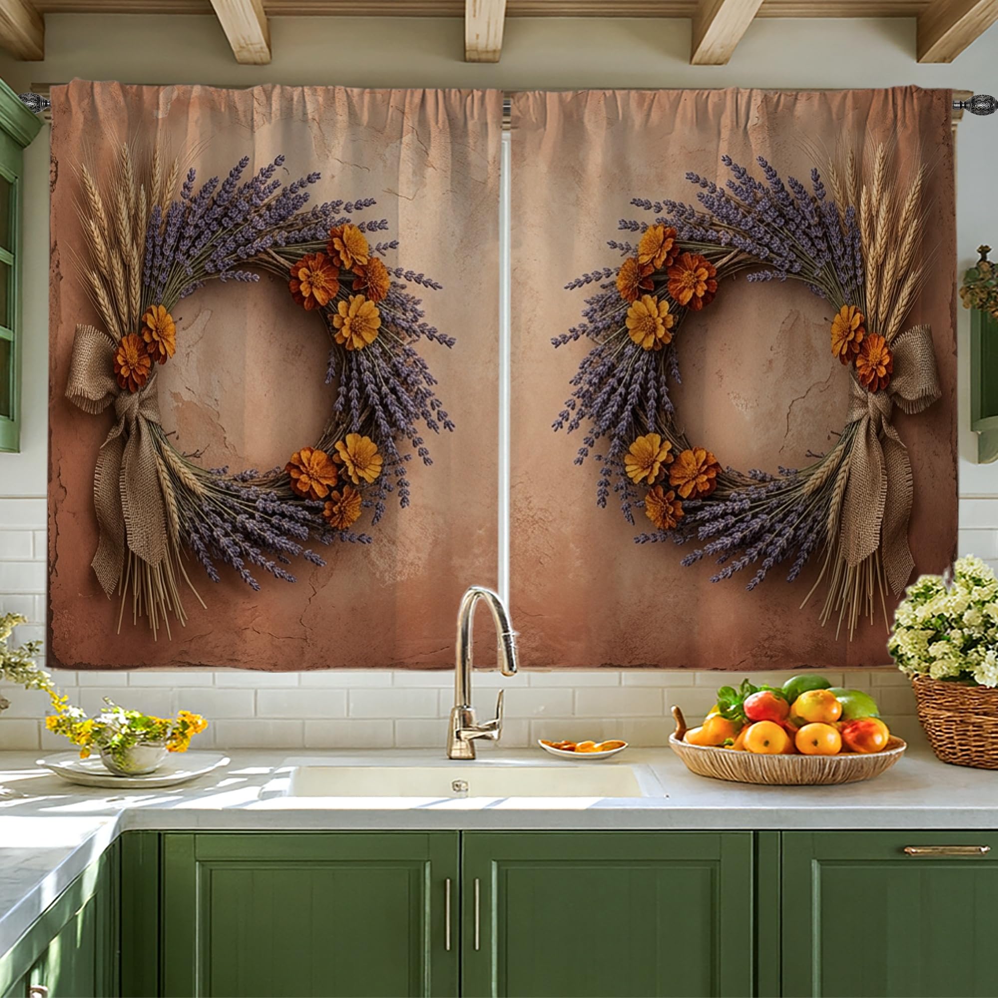 Rideaux étroits marron haut de gamme avec couronne fleurs séchées 106x114 cm