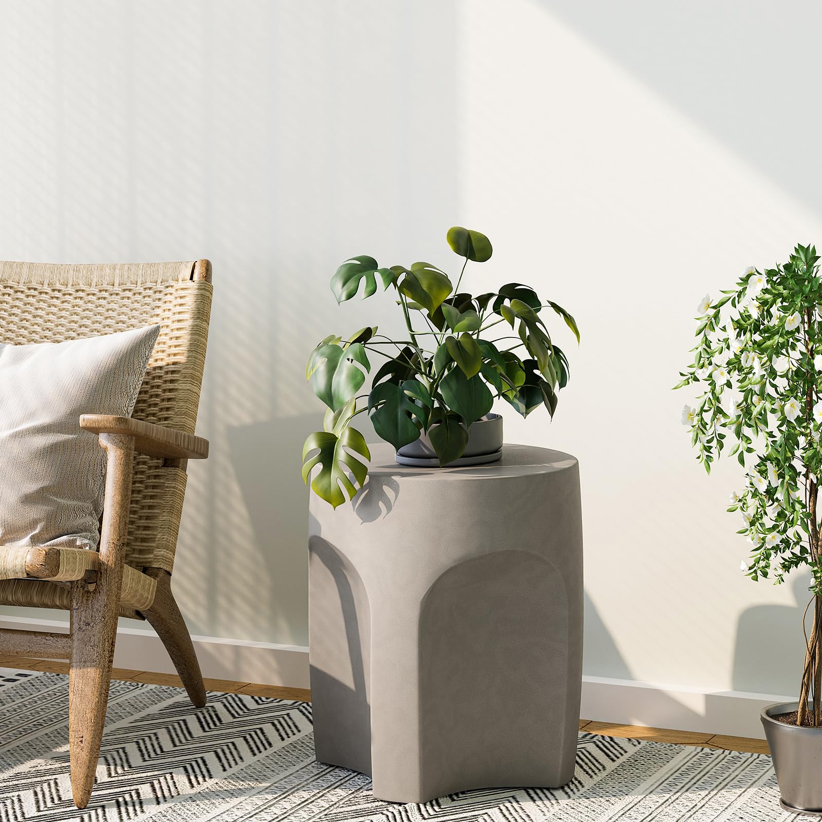 SUNBURY Outdoor Side Tables for Patio, 17" H Concrete Accent End Table, Indoor Small Round Patio End Table, Garden Stools for Yard, Arch Shape Cement