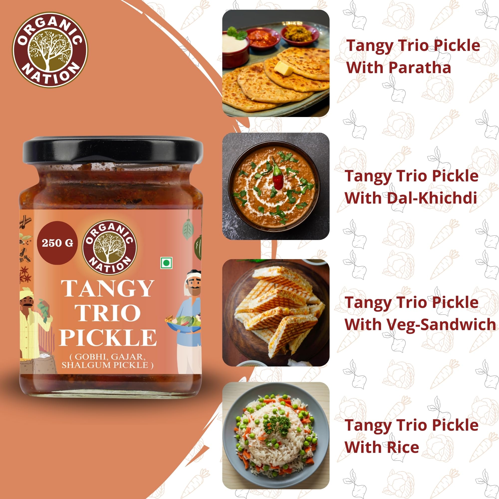 ORGANIC NATION Deliciously Tangy Gobhi Gajar Shalgam Pickle | Homemade Pickles with Authentic Flavor | Mixed Pickle Made with Fresh Ingredients | Organic Pickle 250g Jar, Vibrant Color 1
