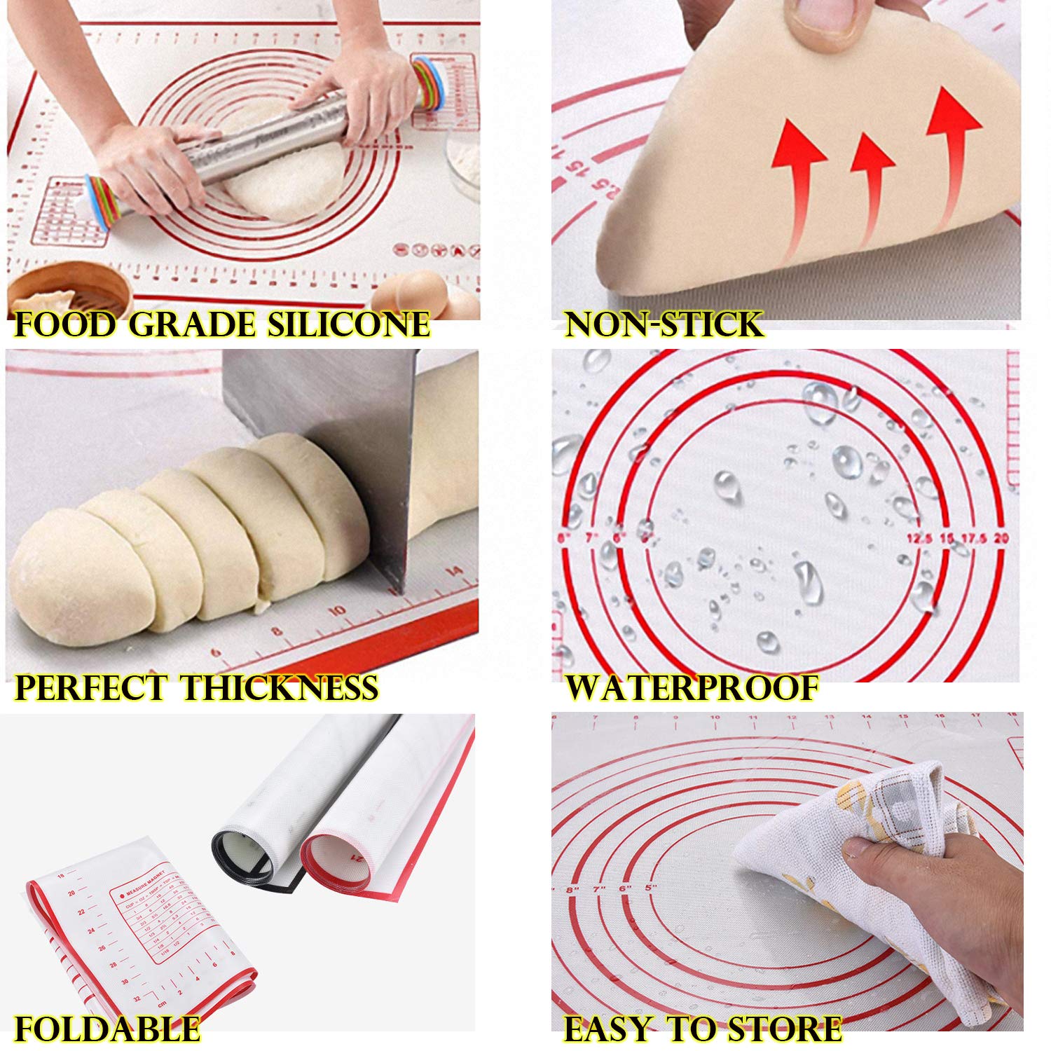 Rouleau à pâtisserie et tapis de pâtisserie en silicone Set Rouleau de pâte en acier inoxydable avec anneaux d'épaisseur réglables pour la cuisson