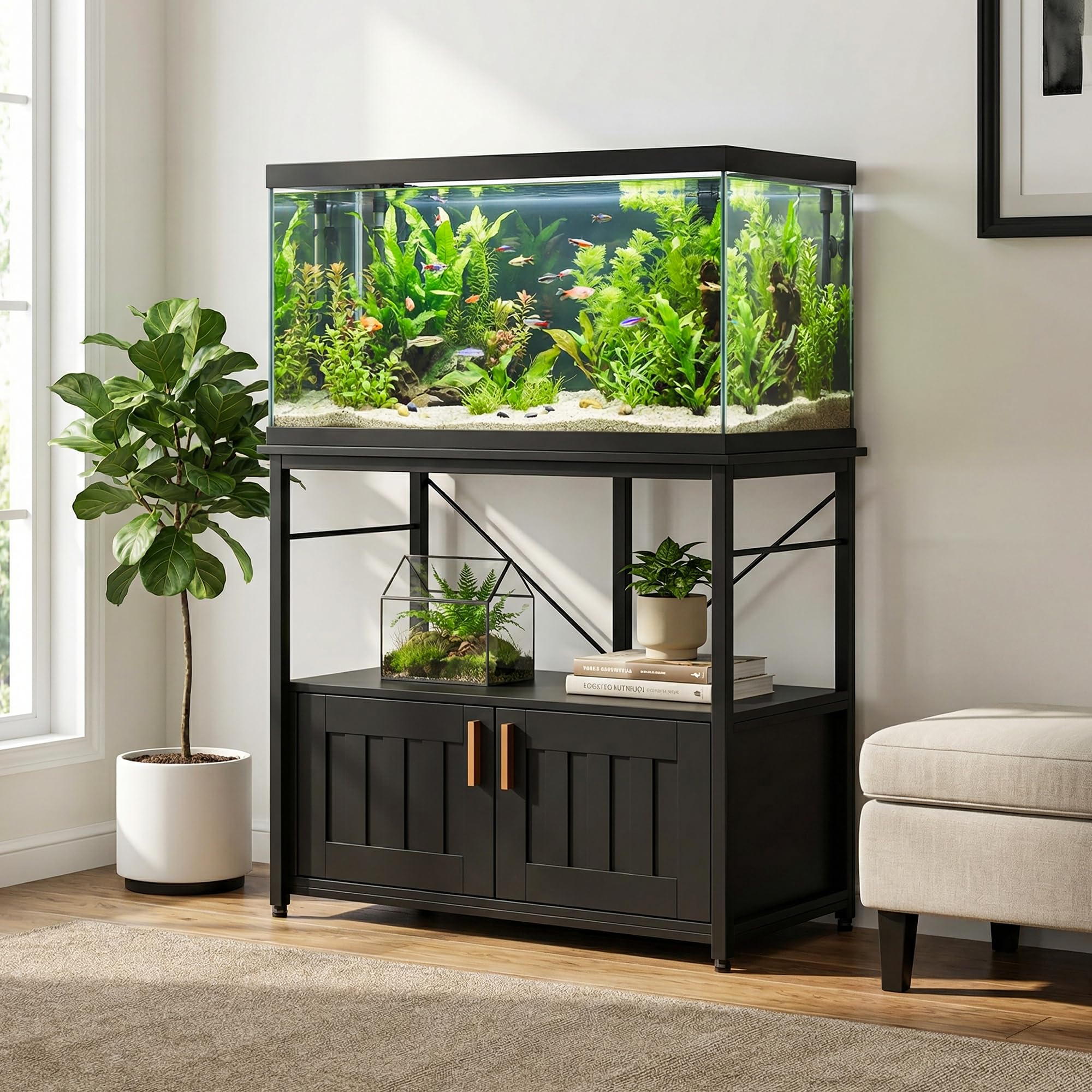 Aquarium Unterschrank für 40–50 Gallonen – Stabiler Metall-Holz-Fischbeckenständer mit Regal & Stauraum, bis 300 kg belastbar, verstellbare Füße, für Wohnzimmer/Terrarium, modernes Design –