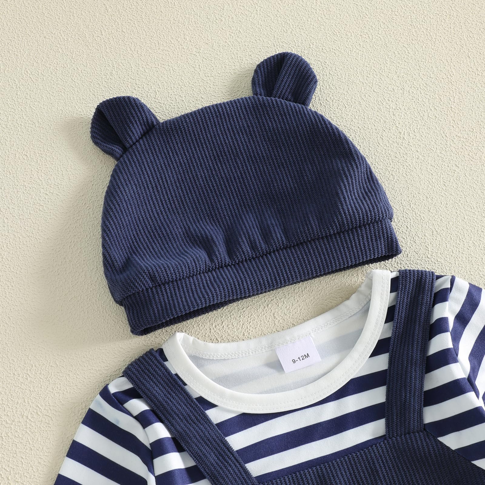 Baby Jungen Kleidung Kleinkind 3tlg Outfit Langarm Streifen Bär Stickerei Bodysuit + Bär-Ohren Hut Set Niedliche Jumpsuit Weiche Babyset