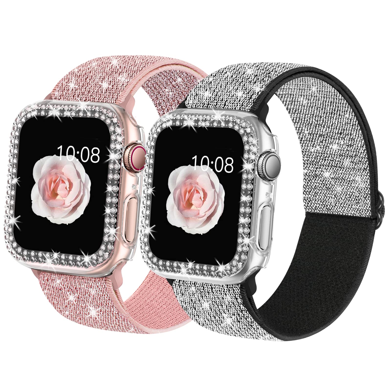 2 Pack Bling Stretchy Watch Bands Compatible with Apple Watch Band 40mm 41mm 44mm 45mm iWatch Series 11 10 9 8 7 6 5 4 SE, Adjustable Nylon Wristband