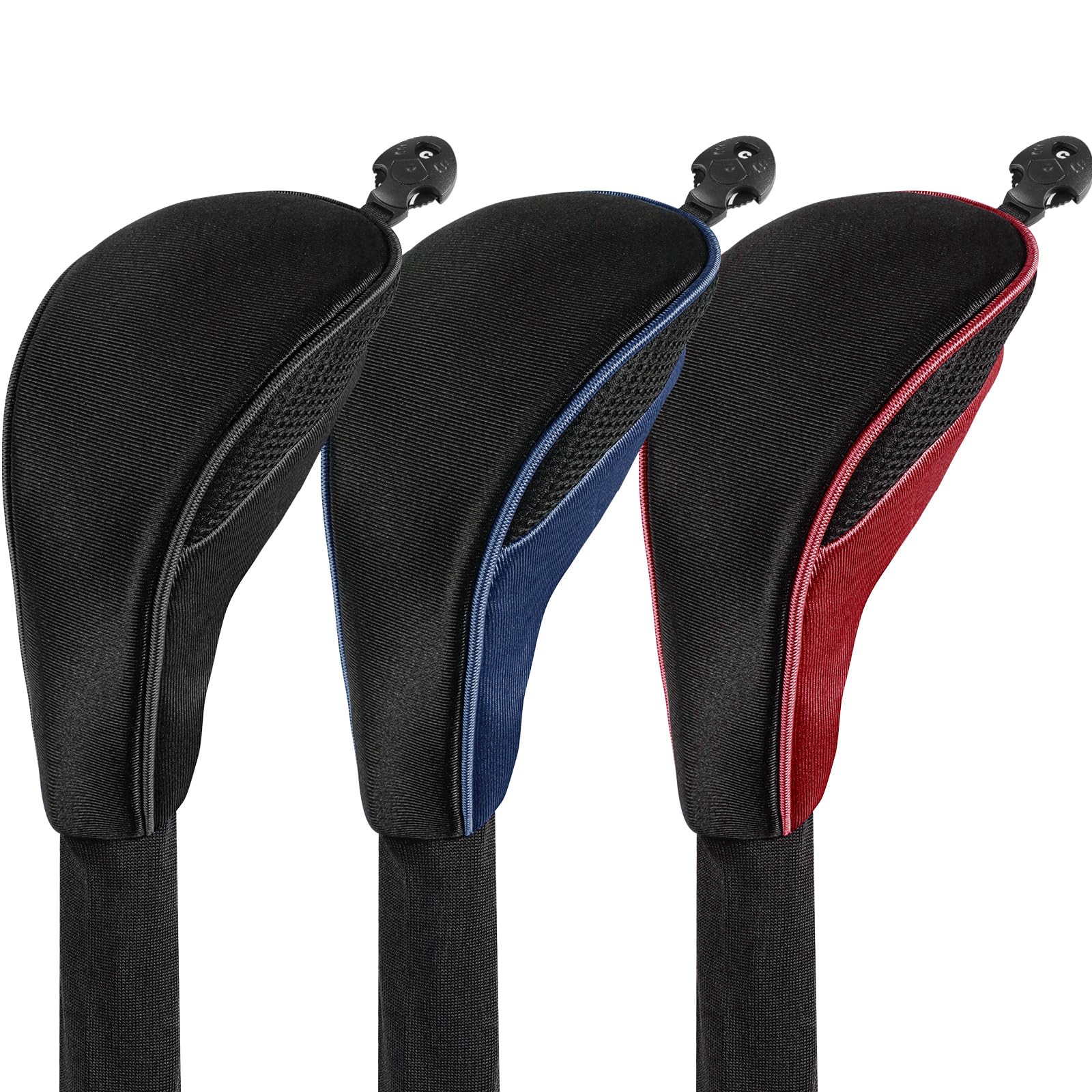 AXKAL Golf Wood Headcovers Driver Fairway Hybrid Interchangeable Number Tag 2 3 Pack Set, Golf Club Covers Protective Zipper Fit All Wood Clubs (Red-1 Driver&1 Fairway&1 Hybrid), Black Blue Grey Red