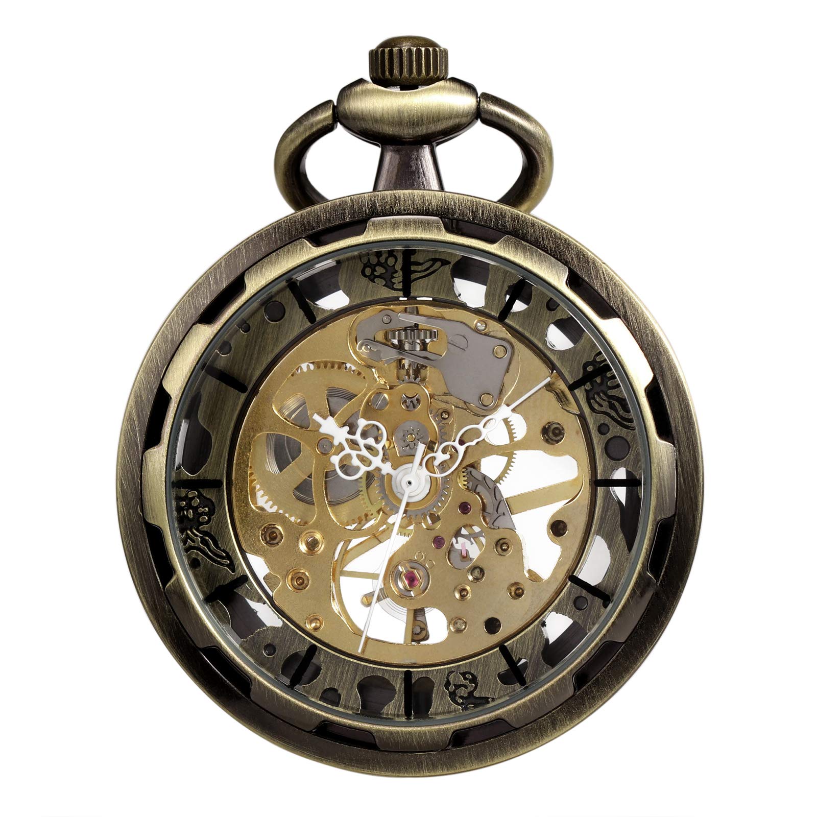 TREEWETO - Montre Gousset avec chaîne - pour Homme - Analogique - Remontage Manuel - Visage Ouvert - Mouvement Squelette - Bronze