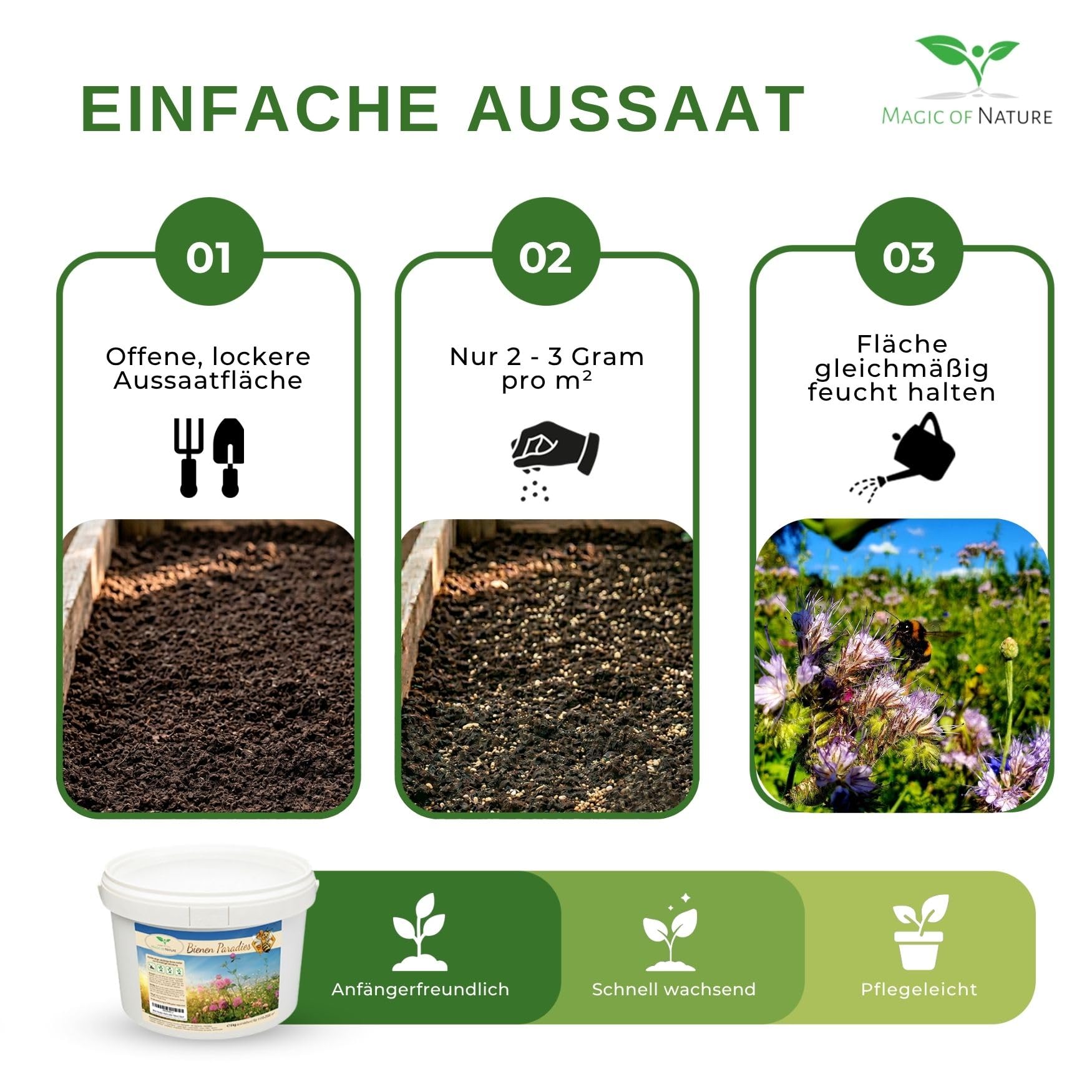 Magic of Nature: Blumensamen Mischung 2,5kg Bienen-Paradies Bienenweide | Über 20 einheimische Arten ohne Gräser - Hohe Keimkraft für 750-1250 m²