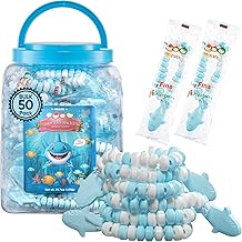 50 Shark Candy Bracelets, Cool Blue Candy for Under the Sea and Baby Shark Party Favors, Decorations and Goody Bag Fillers, Individually Wrapped In a Convenient Display Tub, Bulk Pack of 50, By 4YoreElves