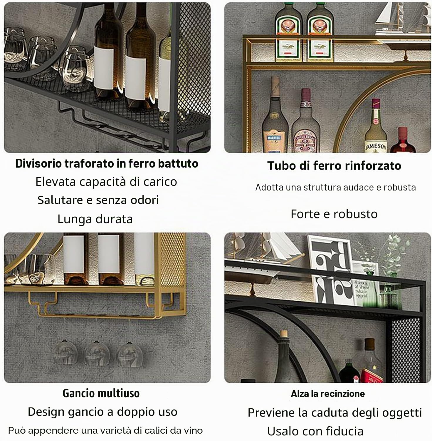 Espositore da parete in metallo moderno per vino, mensole galleggianti per bar, scaffale per vino a parete, espositore in ferro con ripiani, per casa, ristorante, bar