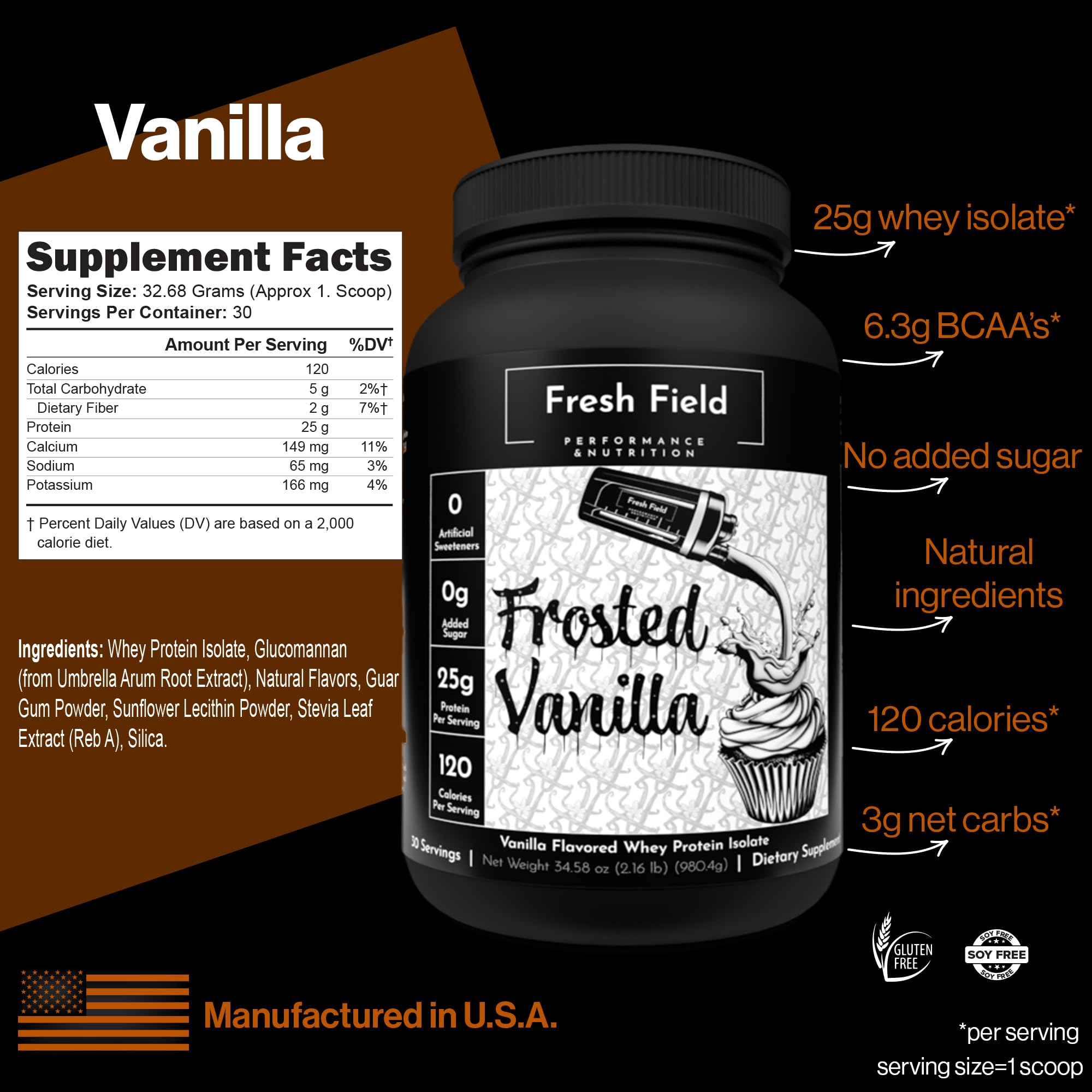 Fresh Field Chocolate Protein Powder - All Natural Whey Protein Powder - Gluten Free Protein Isolate (25 gm) - Soy & Sugar Free Isolate Whey Protein - 30 Servings with One Scoop Size