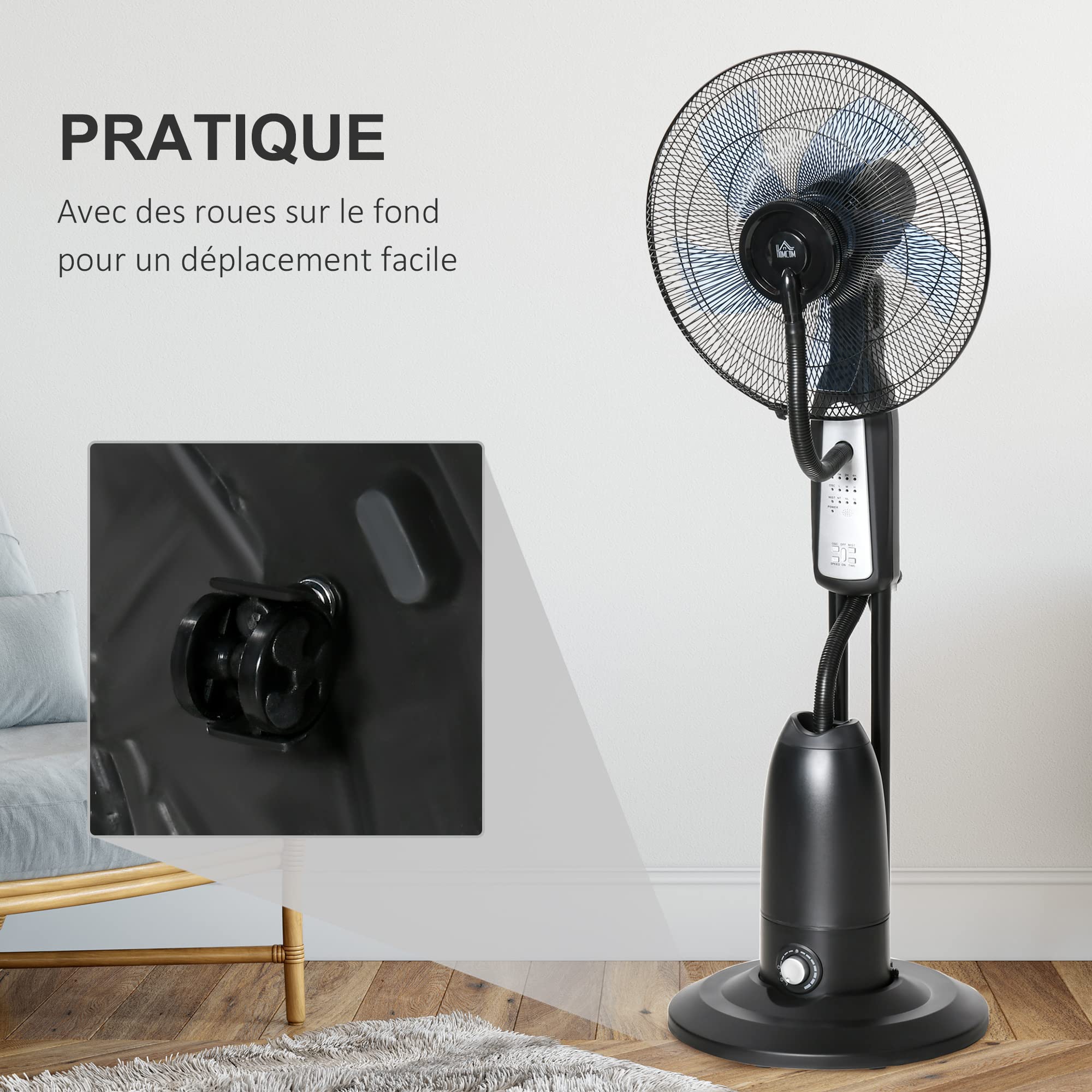 HOMCOM Ventilateur Brumisateur Silencieux 90W, Ventilateur sur Roulettes, 5 Pales Ø 44,5 cm, 3 Modes, 3 Vitesses, Brumisation, Télécommande, Minuterie, Oscillation à 70°, Tête Inclinable, Gris et Noir