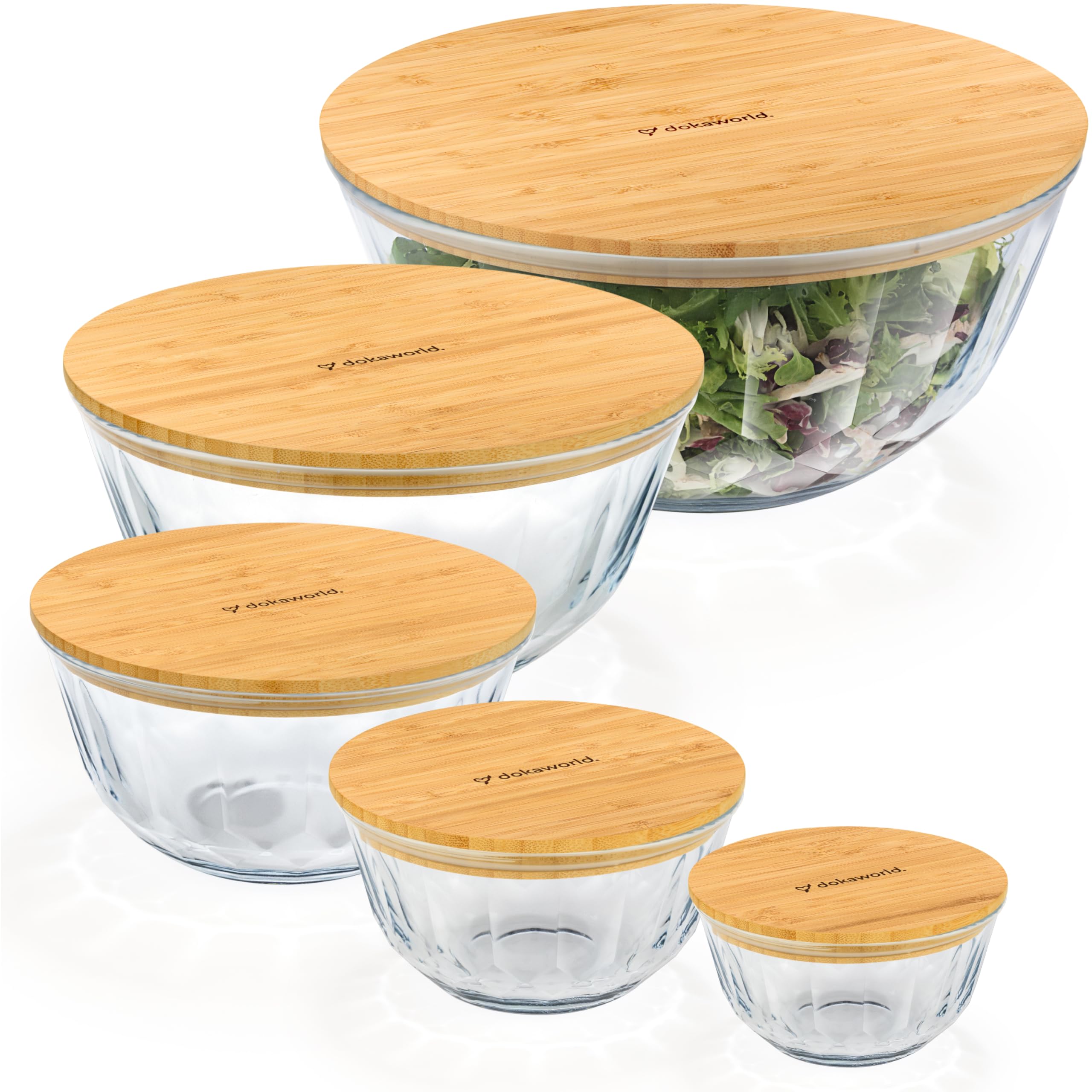 Stapelbares, platzsparendes Set mit 5 stapelbaren Glasschalen mit Bambusdeckeln für Lebensmittelzubereitung, Aufbewahrung, Backen, Mischen und Kochen, mikrowellen- und ofenfest, BPA-frei