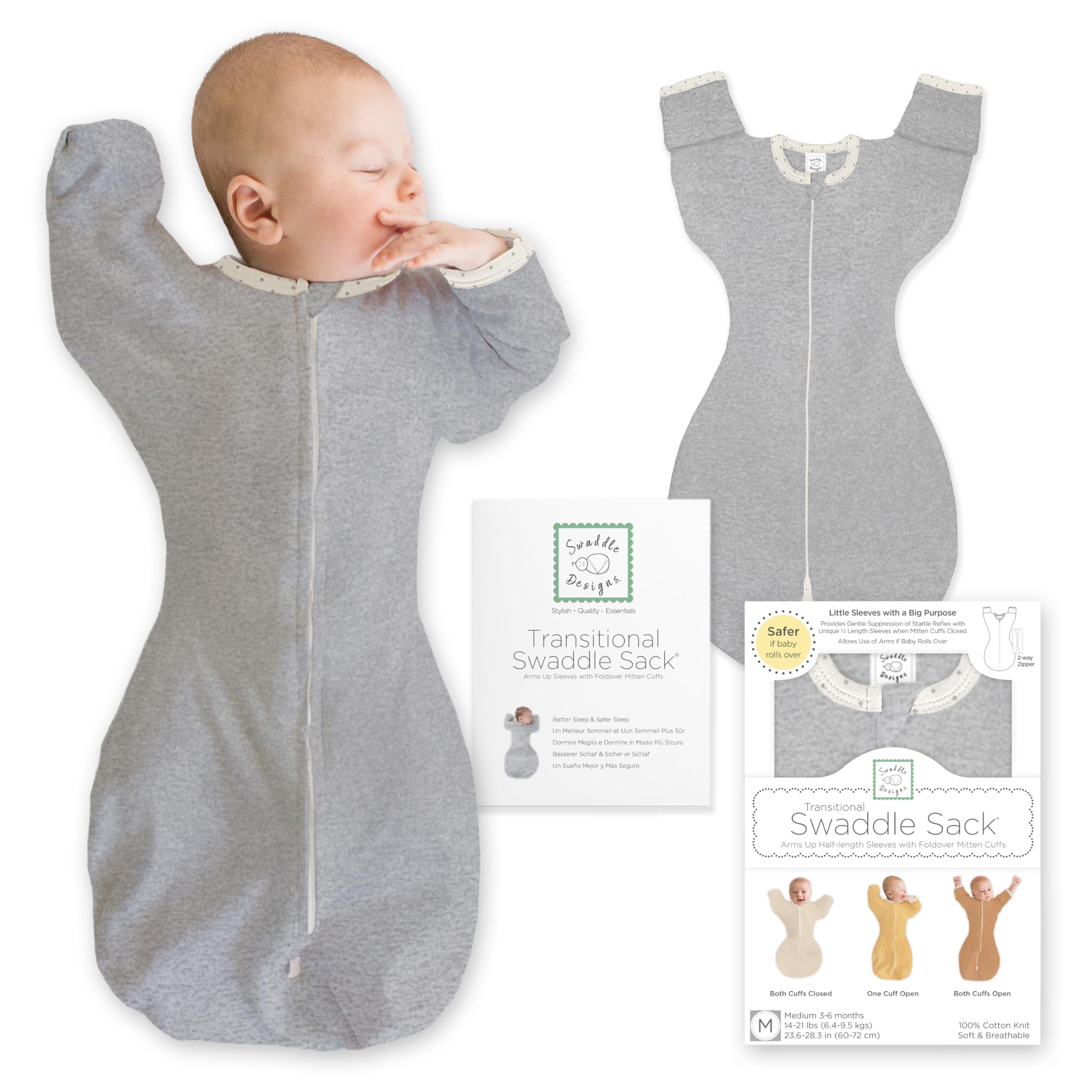 SwaddleDesigns Übergangs-Pucksack Baby, Pucktuch & Puckschlafsack für Neugeborene mit Arme-nach-Oben-Design, halblangen Ärmeln & Fäustling-Bündchen
