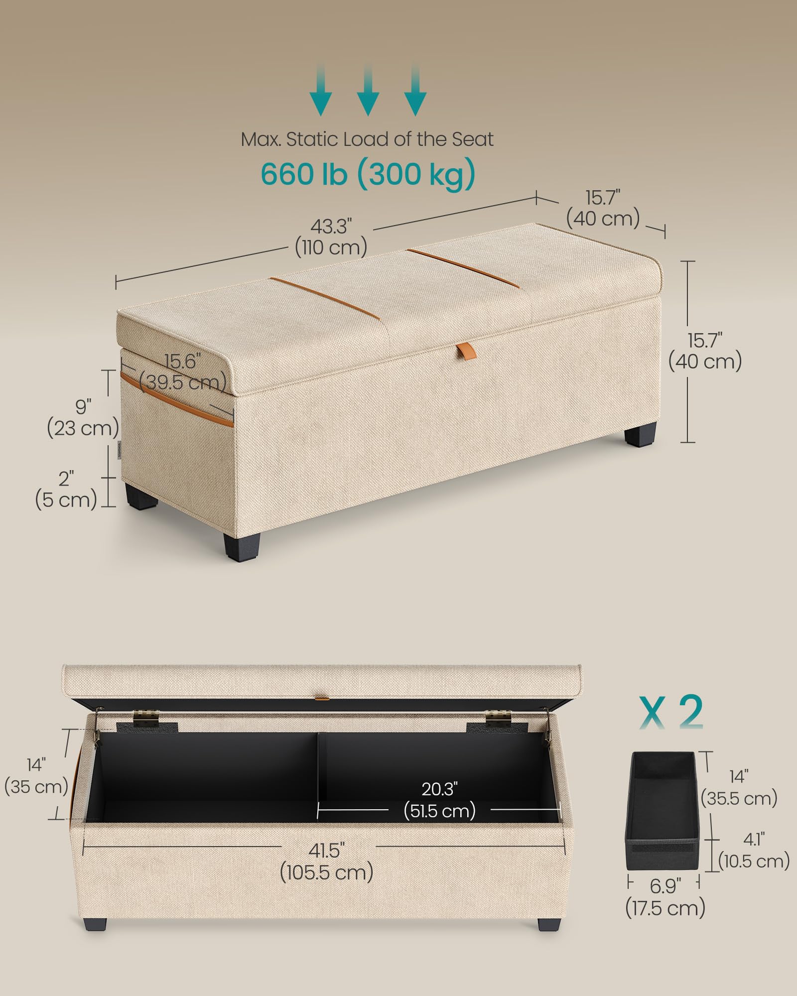 SONGMICS Velvet Storage Ottoman Bench, Foot Rest with Legs, 15.7 x 43 x 15.7 Inches, End of Bed Bench, Storage Chest, Load up to 660 lb, for Living Room, Bedroom, Entryway, Forest Green ULSF089C01
