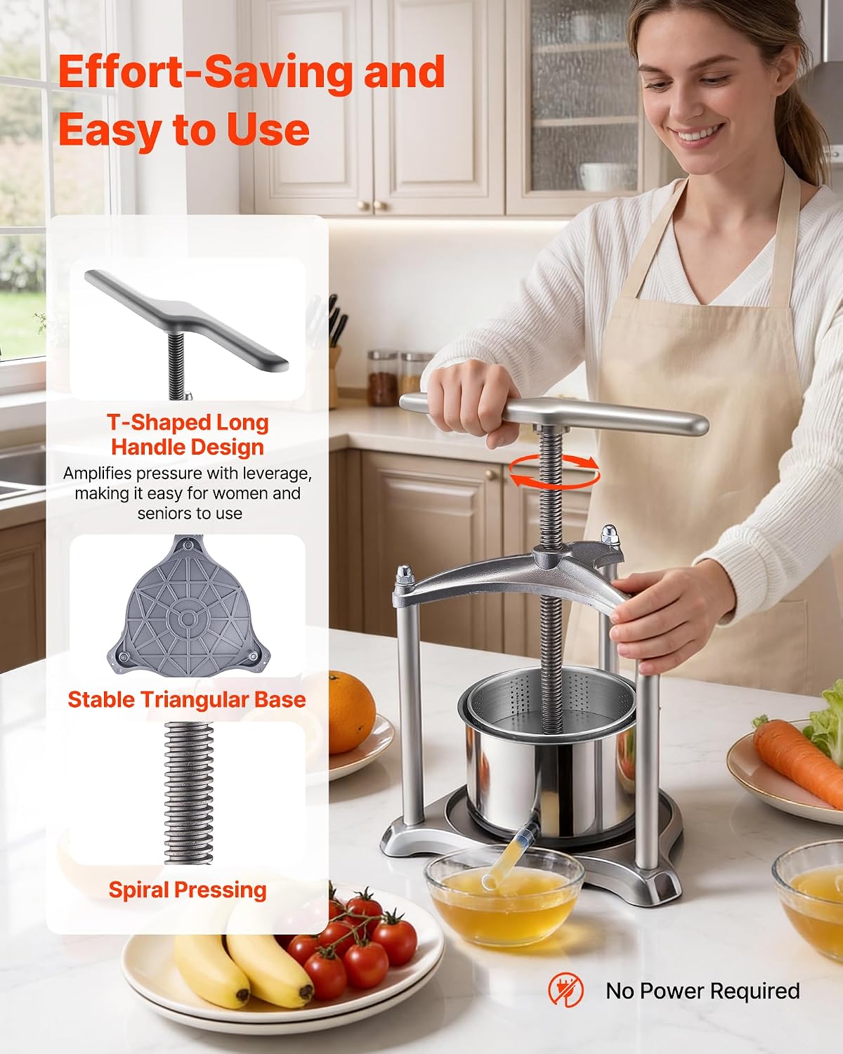 VEVOR Fruit Wine Press, 0.8 Gallon/3L, Stainless Steel Manual Juice Maker with Powerful T-Shaped Handle, Juice Making for Apple/Grape/Orange/Berry, Cheese/Tincture/Herbal Press, for Kitchen Home