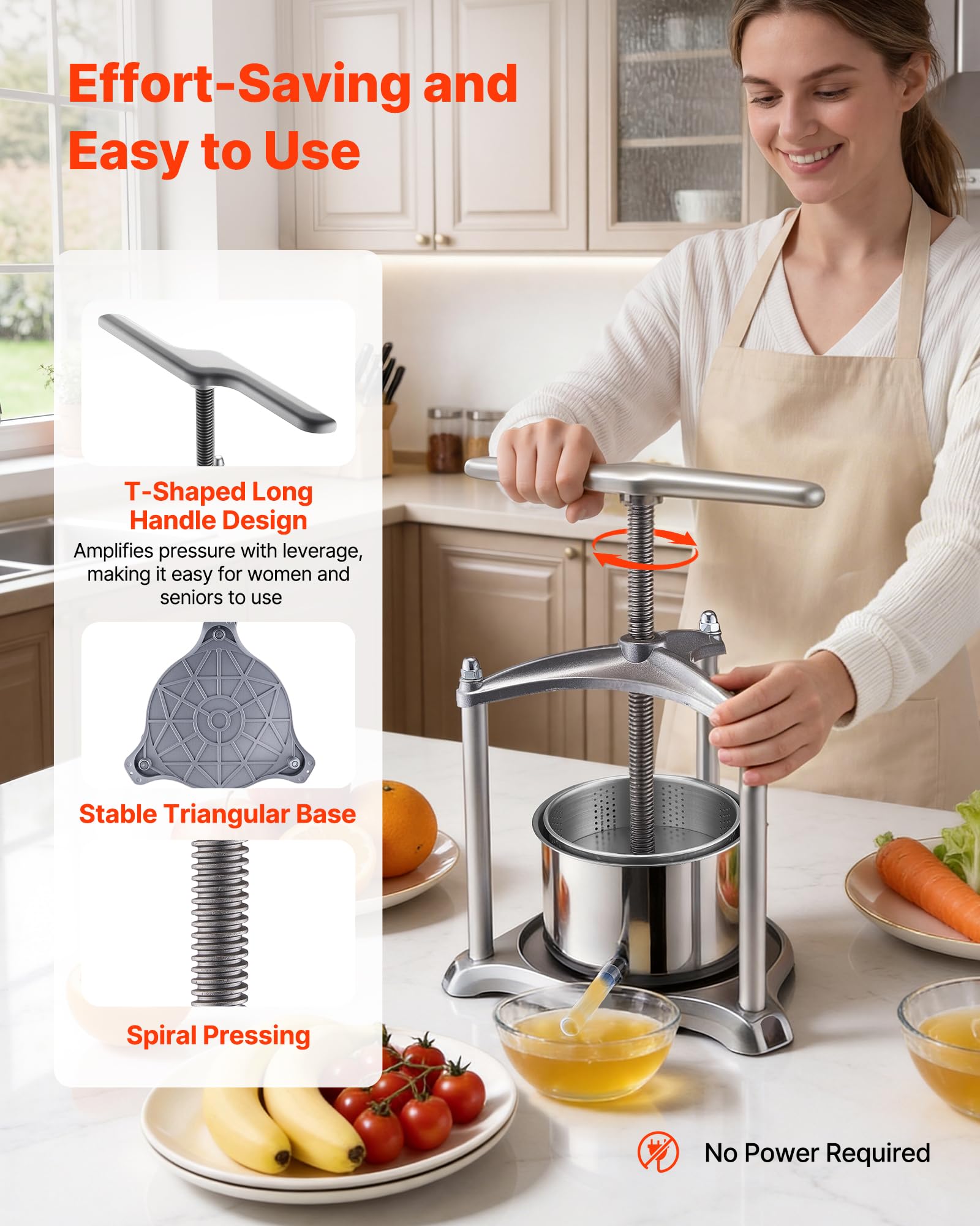 VEVOR Pressa Manuale per Frutti Vino, Premitutto Torchio Manuale Contenitore Interno in Acciaio Inox 3 Litri per Mele Uva Arance Verdure Premitutto con 2 Sacchetti Filtro Manico a Forma di T