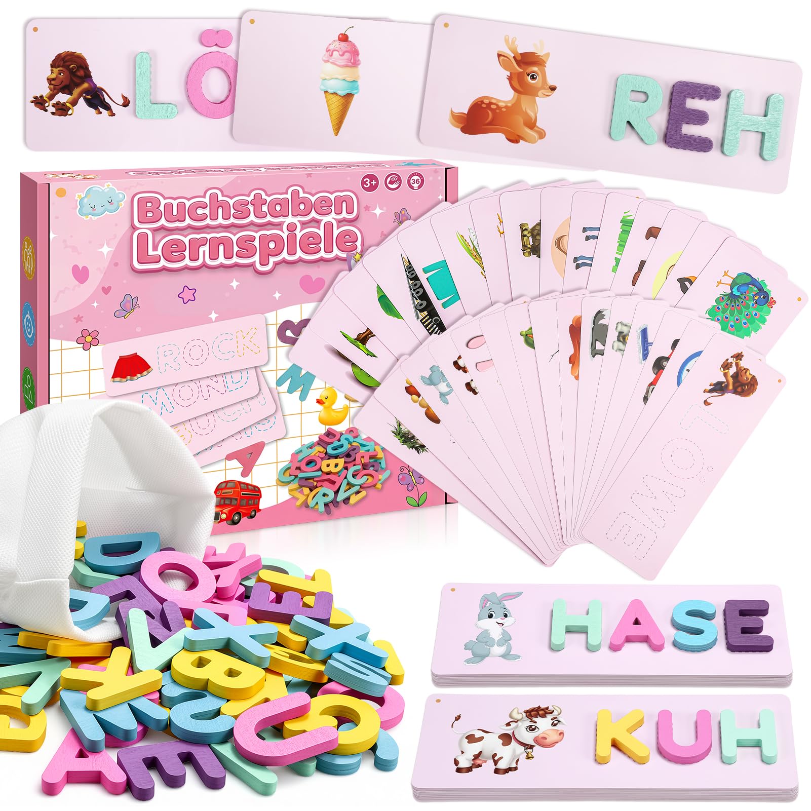 Qukir Holzbuchstaben Montessori Spielzeug ab 1 2 3 4 5 6 Jahre Spielzeug ab 1-6 Jahre Mädchen Buchstaben Lernen Lernspiele ab 3 Jahre Vorschule Spiele Einschulung Geschenk Mädchen Kinderspielzeug