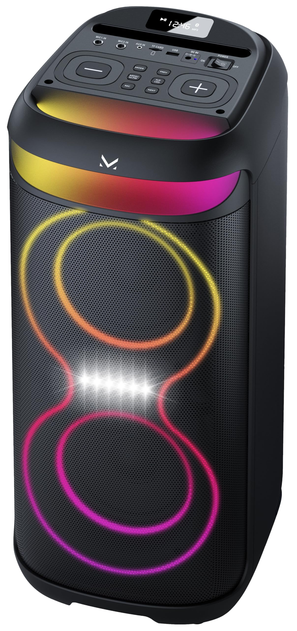 Majestic FIRE 38 – Speaker Wireless audio 5.3, Luci LED multicolor 6 effetti, ingressi USB/Micro SD/AUX/Mic, TWS, batteria ricaricabile, telecomando e microfono a filo inclusi