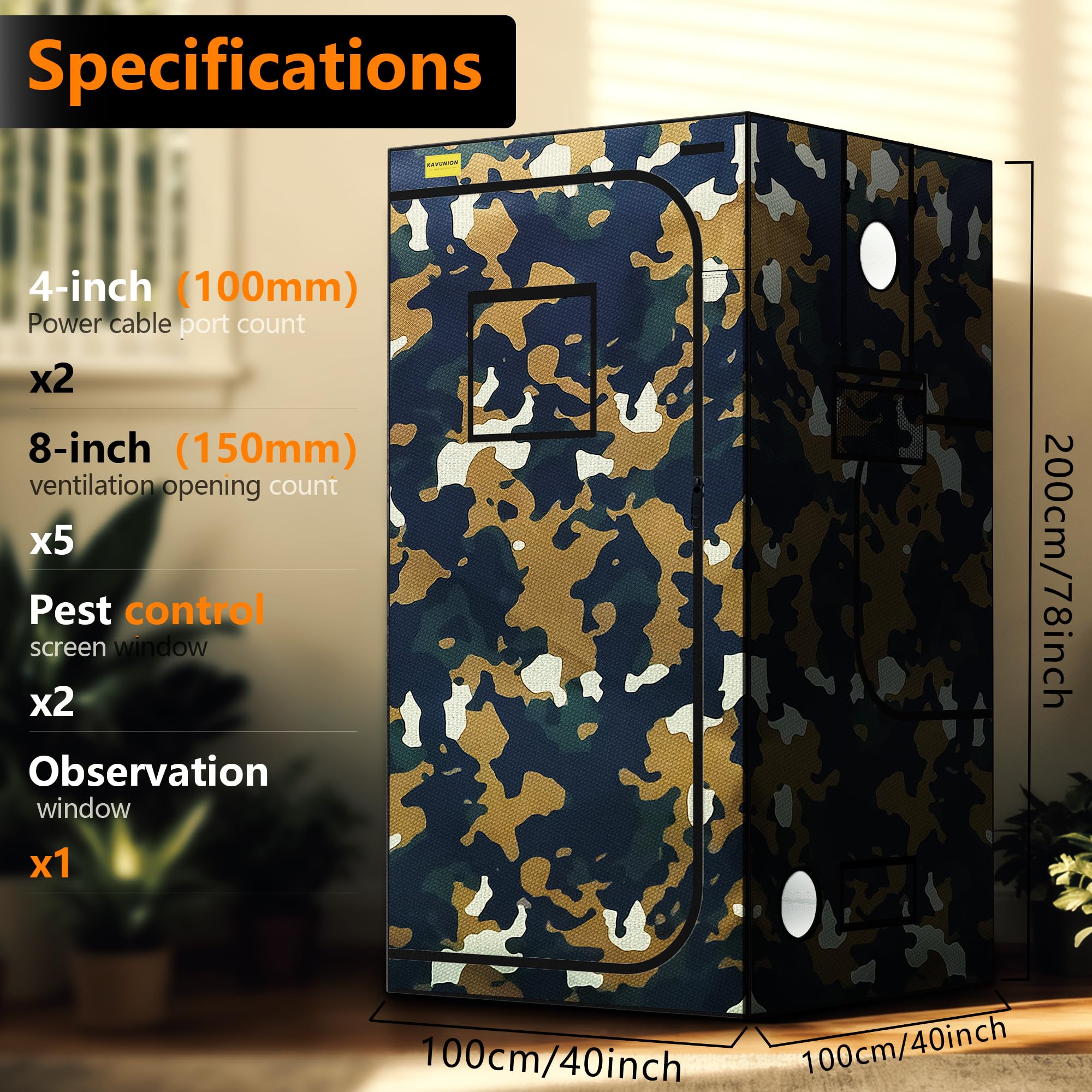 Tienda de campaña de crecimiento de 100 x 100 x 200 cm, camuflaje 600D Oxford Grow Tent con capa reflectante de poliéster, tubos de acero de 19 mm, ventanas de ventilación, suelo extraíble, tienda de