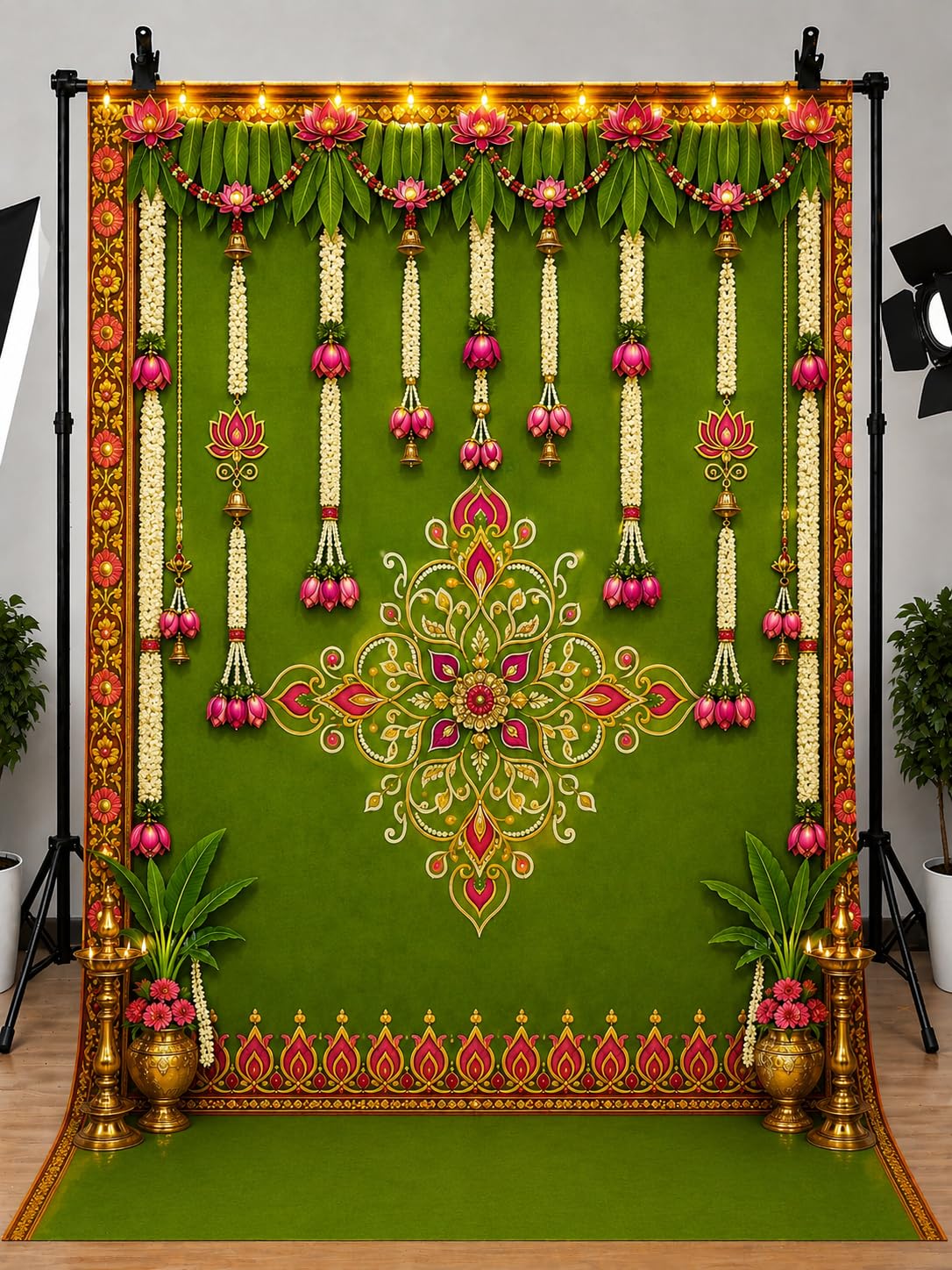 Green Lotus Floral Fabric Backdrop with Mango Leaves, Flower Garlands & Traditional Rangoli Design for Pooja, Wedding, Festival & Event Decoration Size 8 Feet Height & 5 Feet Width (8 * 5)-image-12