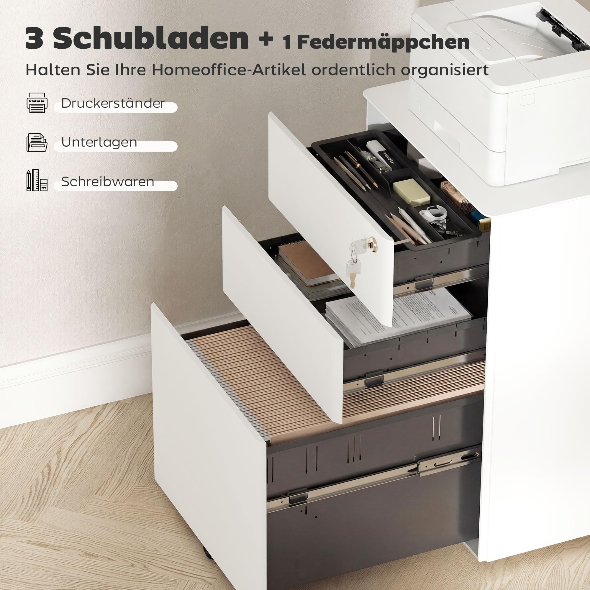 Vinsetto Rollcontainer mit 3 Schubladen abschließbar 39 x 48 x 59 cm Weiß | Mobiler Aktenschrank mit Rollen, Büroschrank mit Hängeregistratur, Stiftfach, Bürocontainer für Büro, Homeoffice