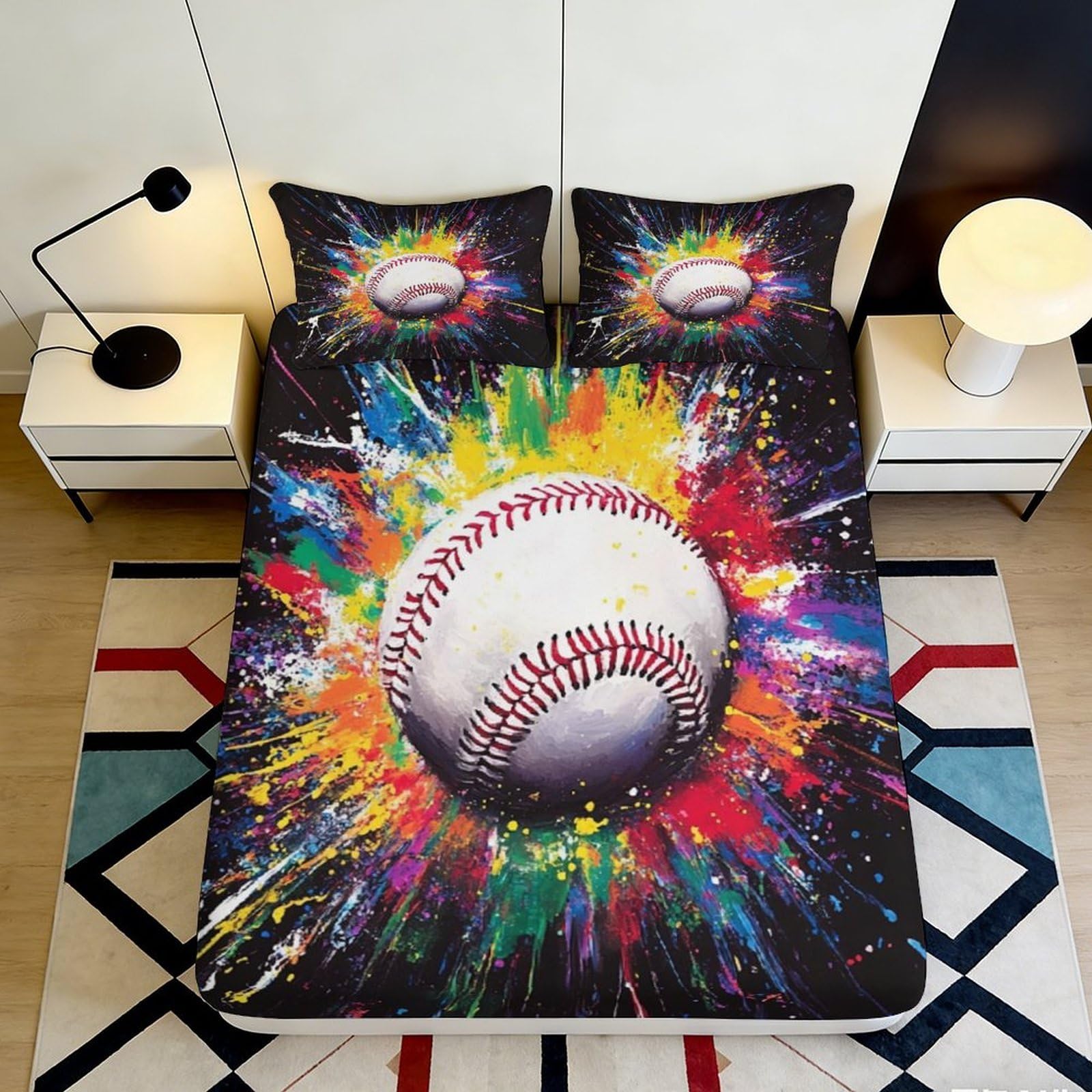 Jqzkxnhpbr Style-7 3D Printed Baseball Splash Fitted Sheet Microfiber Colourful Paint Bed Cover For Bedroom Dorm Protective Decor 90X200x25cm