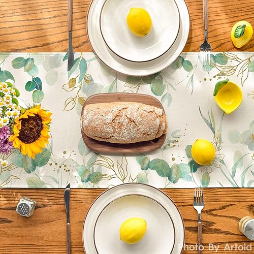 Miniatura 3 de Artoid Mode Camino de mesa de verano de eucalipto verde beige, primavera, temporada, aniversario, vacaciones, cocina, comedor, decoración para