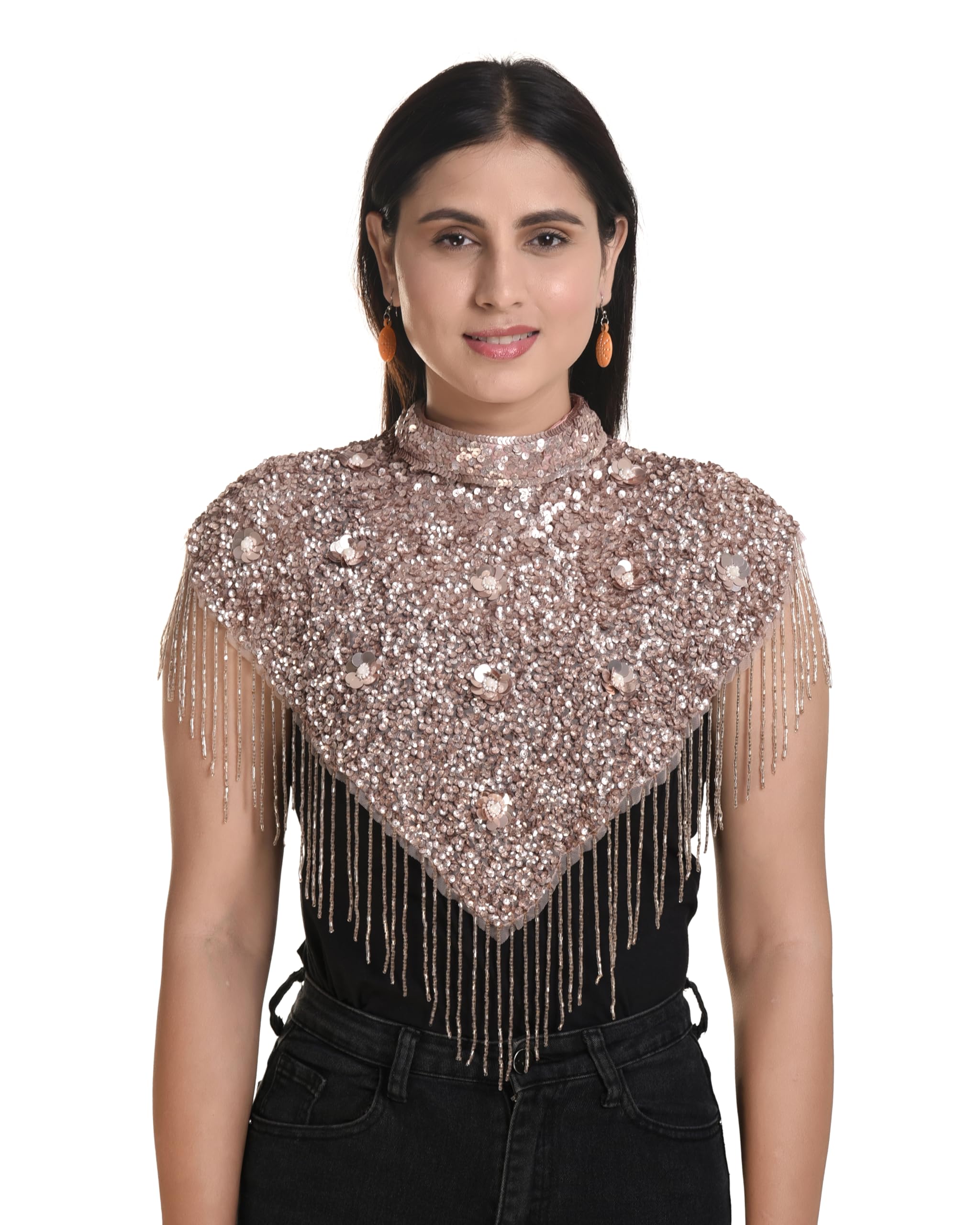 Women's Net Cape, Round-Neck Poncho with Beaded Embroidery, Sleeveless-picture-39