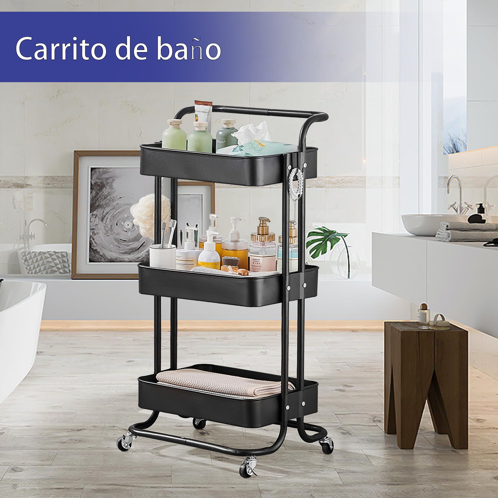 carrito auxiliar con ruedas,carrito organizador de cocina multiusos extraíble, Adecuado para baño y cocina, Negro