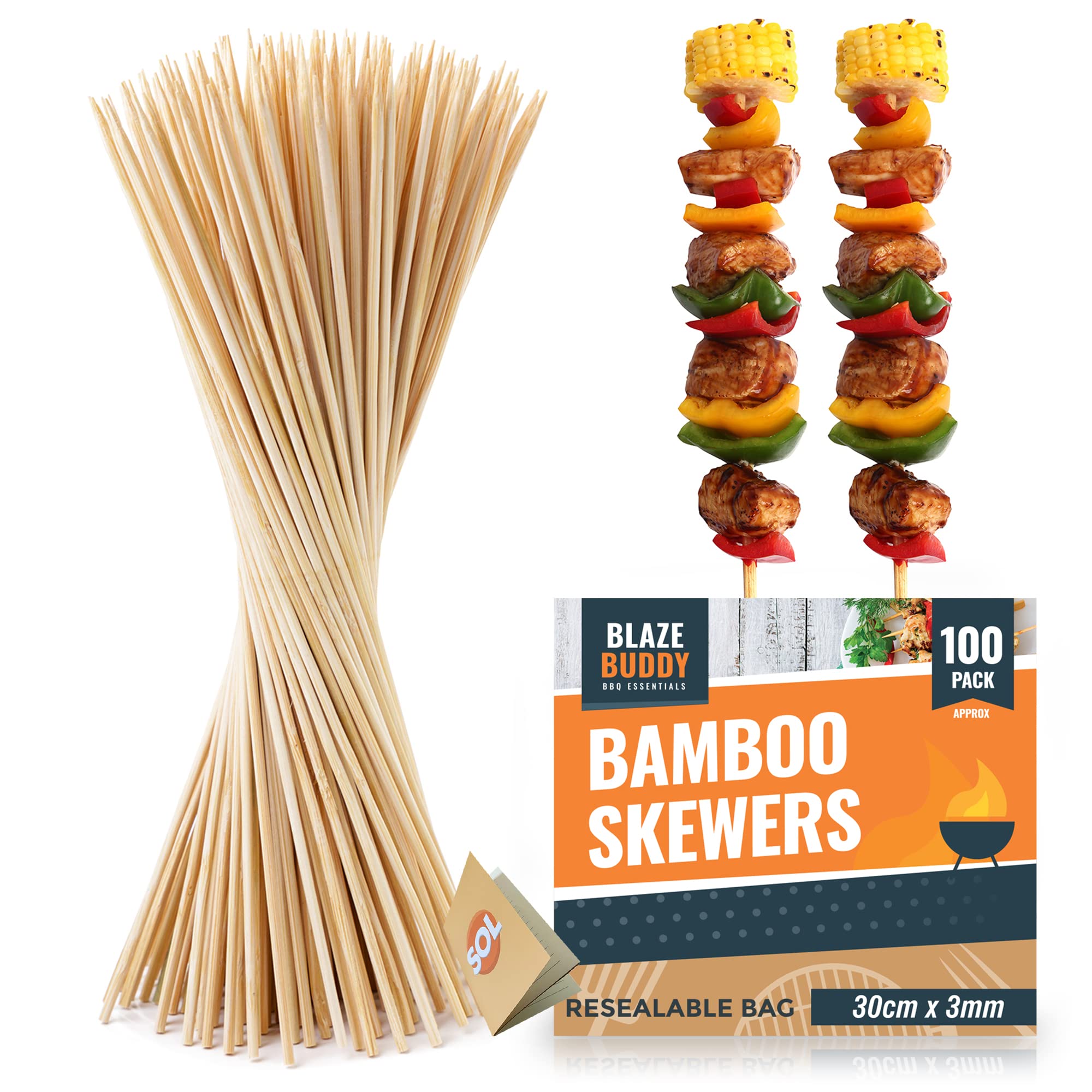 SOLBlaze Buddy Bamboo Skewers 100pk | Sturdy, Smooth, Long BBQ Grill Stick | Party Shish Kabob | Wooden Satay Great for Grilling Meat, Fish, Fruit, Vegetable Kebabs