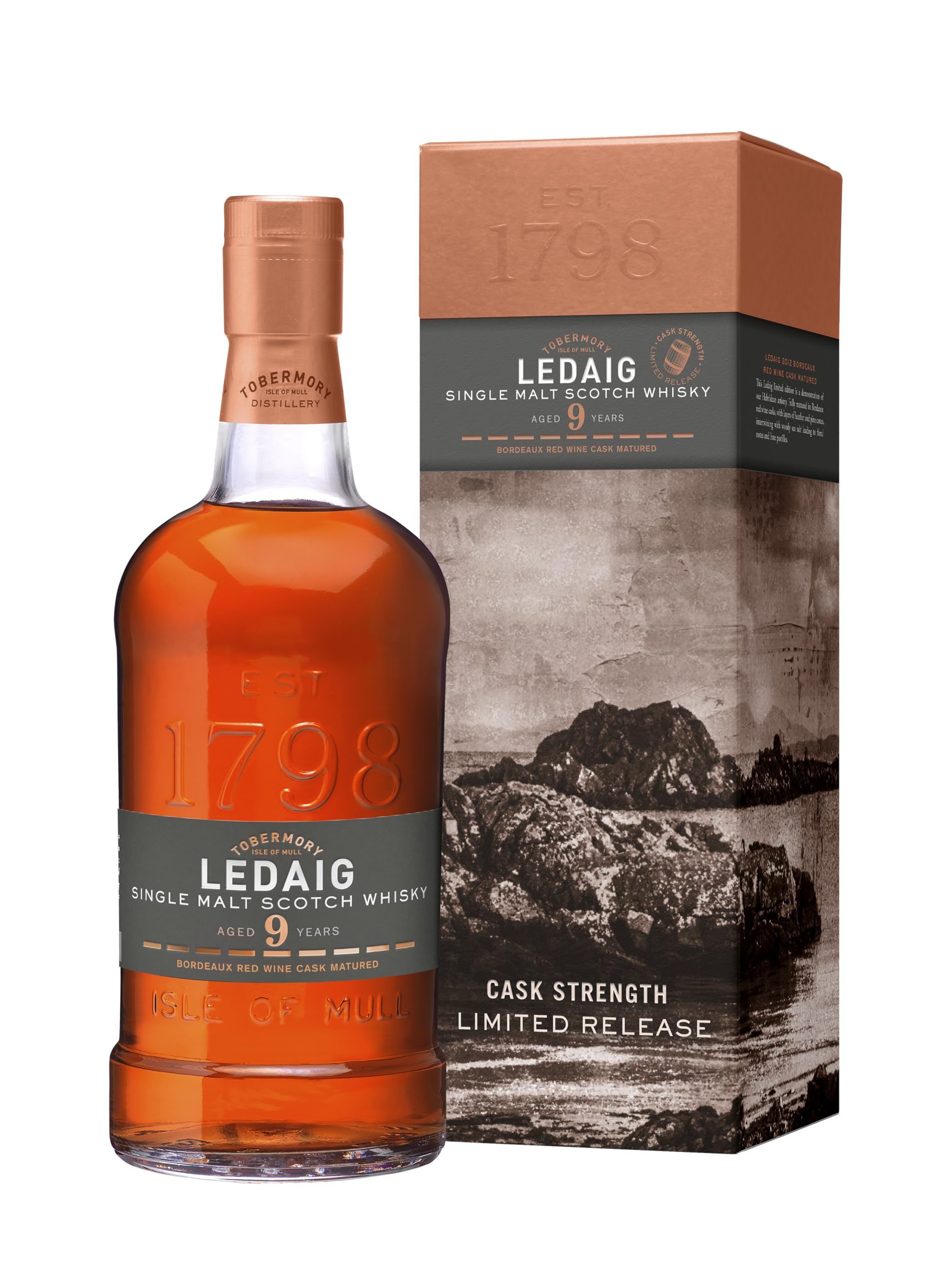 Ledaig 9 Year Old Bordeaux Red Wine Cask Matured Highland Scotch Whisky, ​ | 56.8% ABV | Smoke, cherry and ginger | Malty Artisanal Whisky | Hebridean peated Single Malt Whisky​ (70cl) 2012