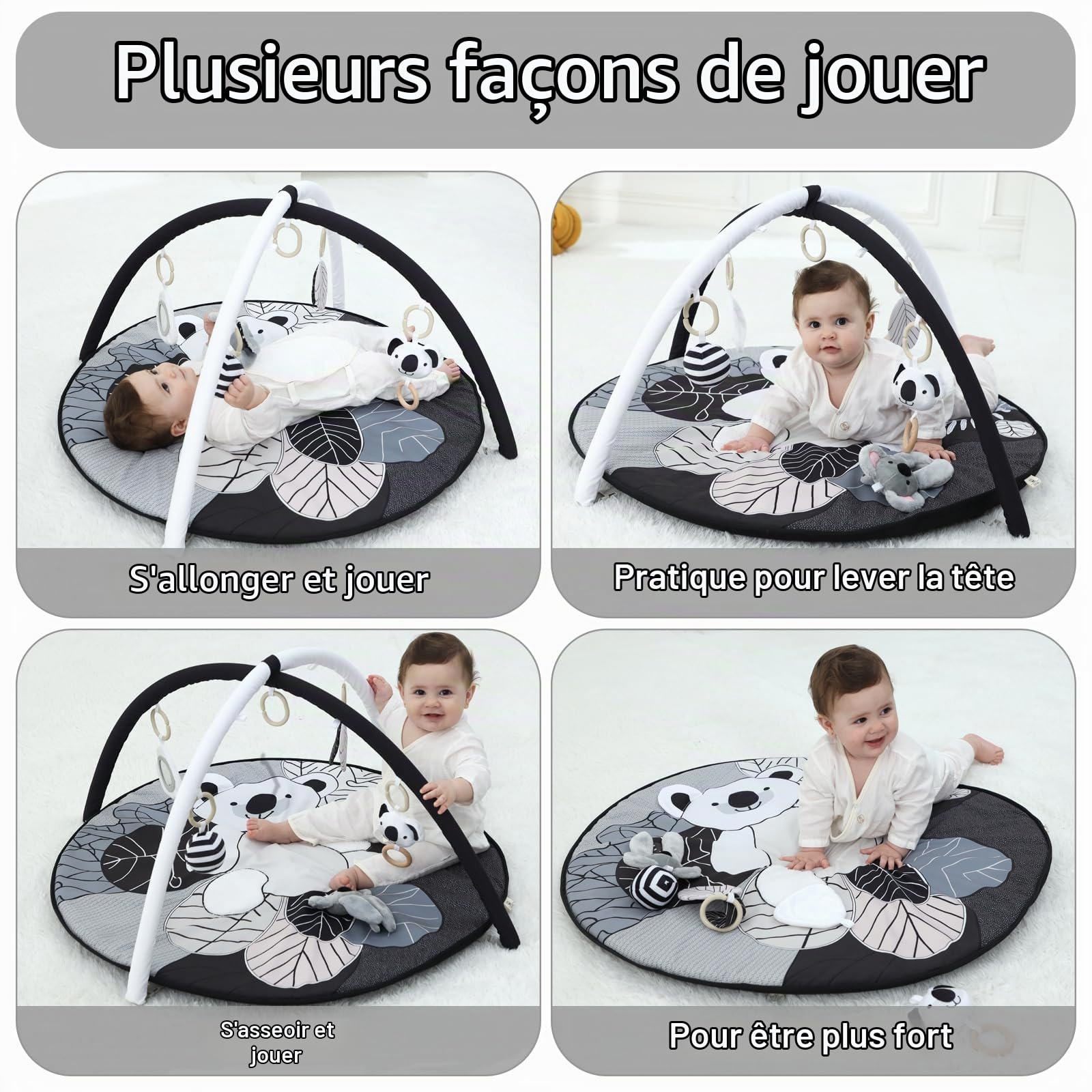 Tapis D'eveil Bebe 4 en 1, 5 Peluches Amovibles,Développement Visuel, Auditif,Tactile et Cognitif,pour 0-3-6-12-36 mois Bébé,Cadeau de Naissance Idéal