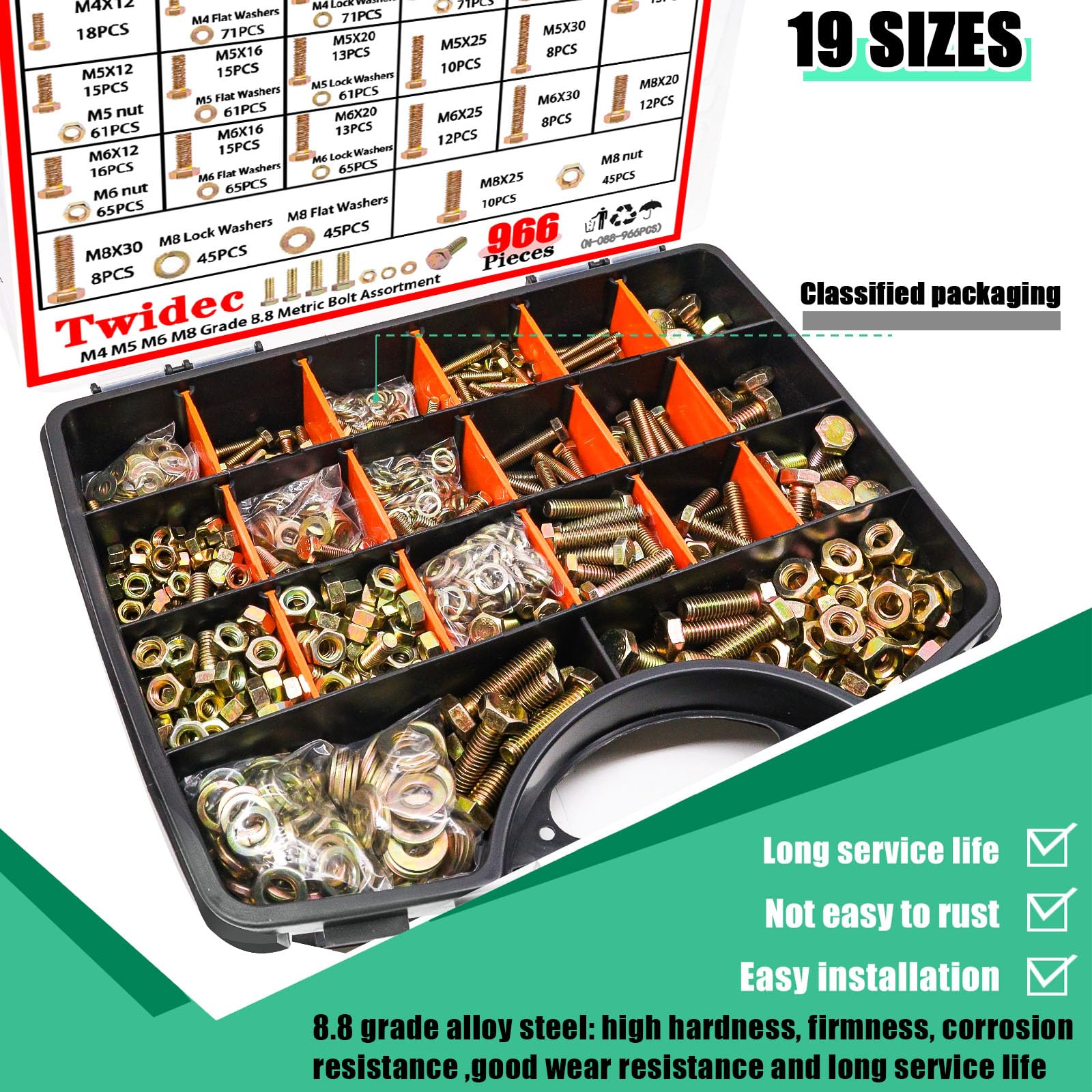 Twidec Kit surtido de pernos y tuercas de cabeza hexagonal de grado 8.8, surtido de pernos métricos, M4/M5/M6/M8 (12-30 mm), kit de tuercas y pernos resistentes, arandela plana y de resorte, chapado