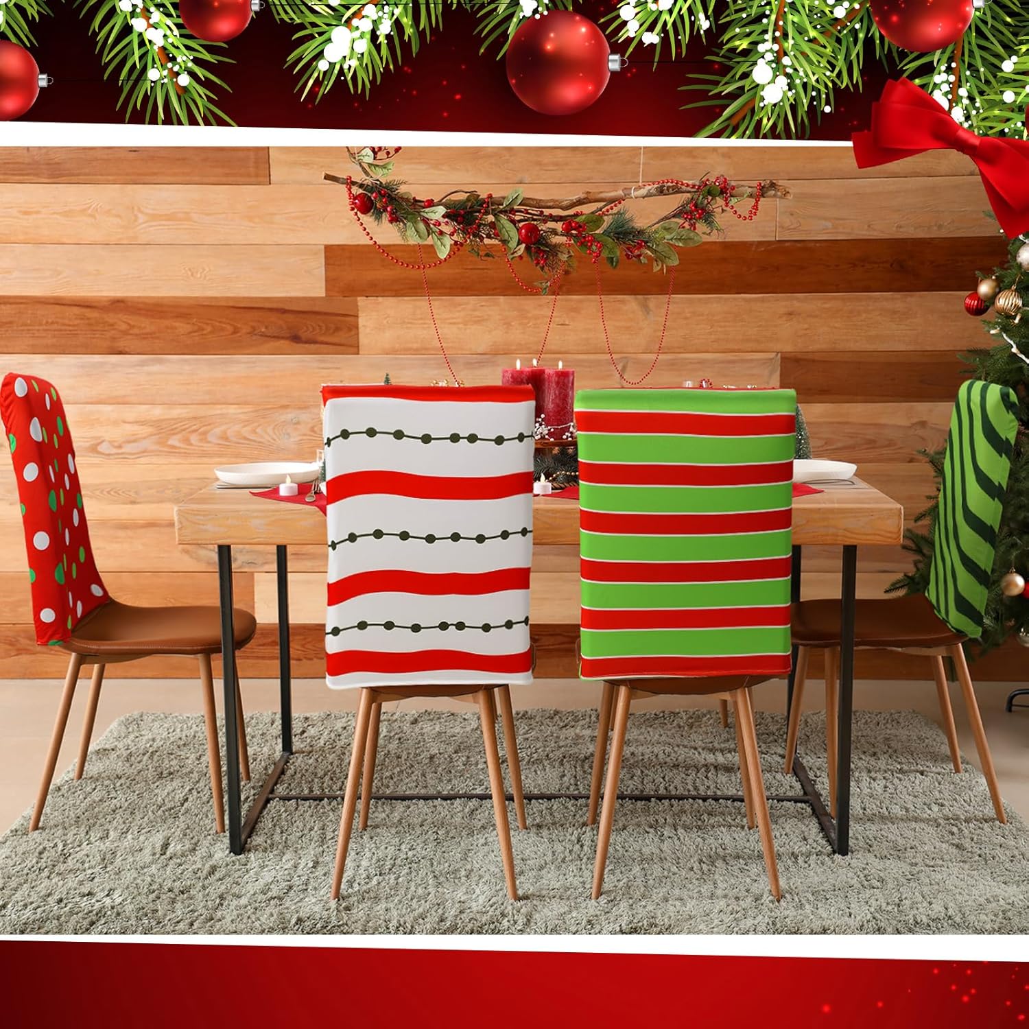 Moukeren Set of 6 Christmas Dining Chair Covers Green Red Christmas Chair Back Covers Xmas Chair Protector Slipcovers Washable Winter Dining Room Seat Covers for Home Hotel Kitchen Decorations