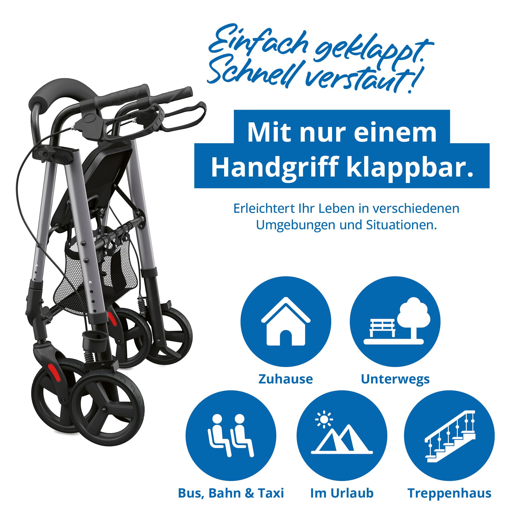 Weinberger Alu-Rollator Basic, faltbar, mit Sitzfläche, Leichtgewicht 6,2 Kg, Medizinprodukt Klasse 1, höhenverstellbar, Gehwagen, Gehhilfe, Reiserollator, 46501
