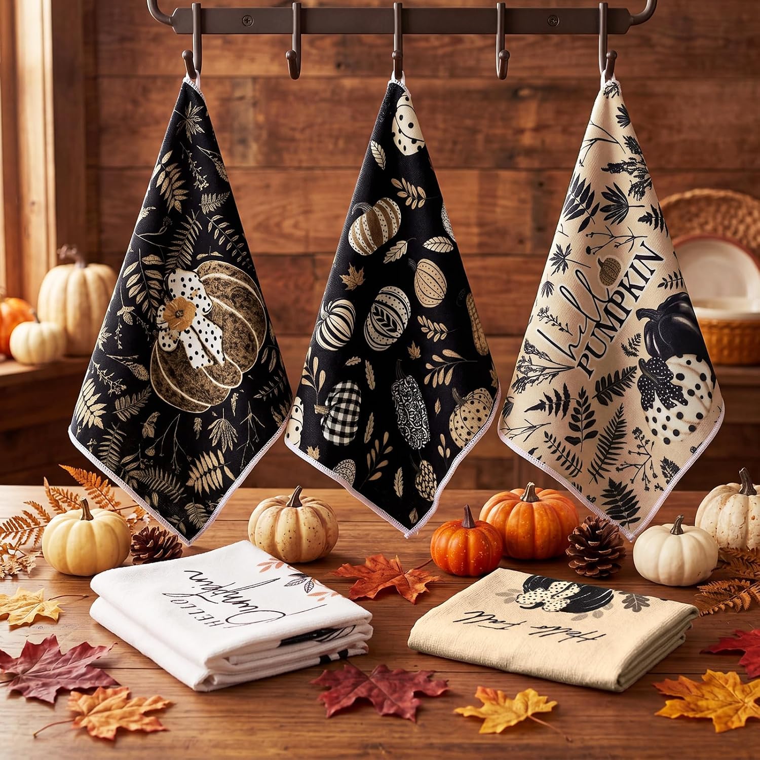 6 Pcs Fall Kitchen Towel Black White Polka Dot Pumpkin Dish Towel | Buffalo Plaid Leaves Autumn Hand Towels, 14 x 21 Inch, Thanksgiving Harvest Tea Towel, Neutral Fall Decor for Kitchen Gifts